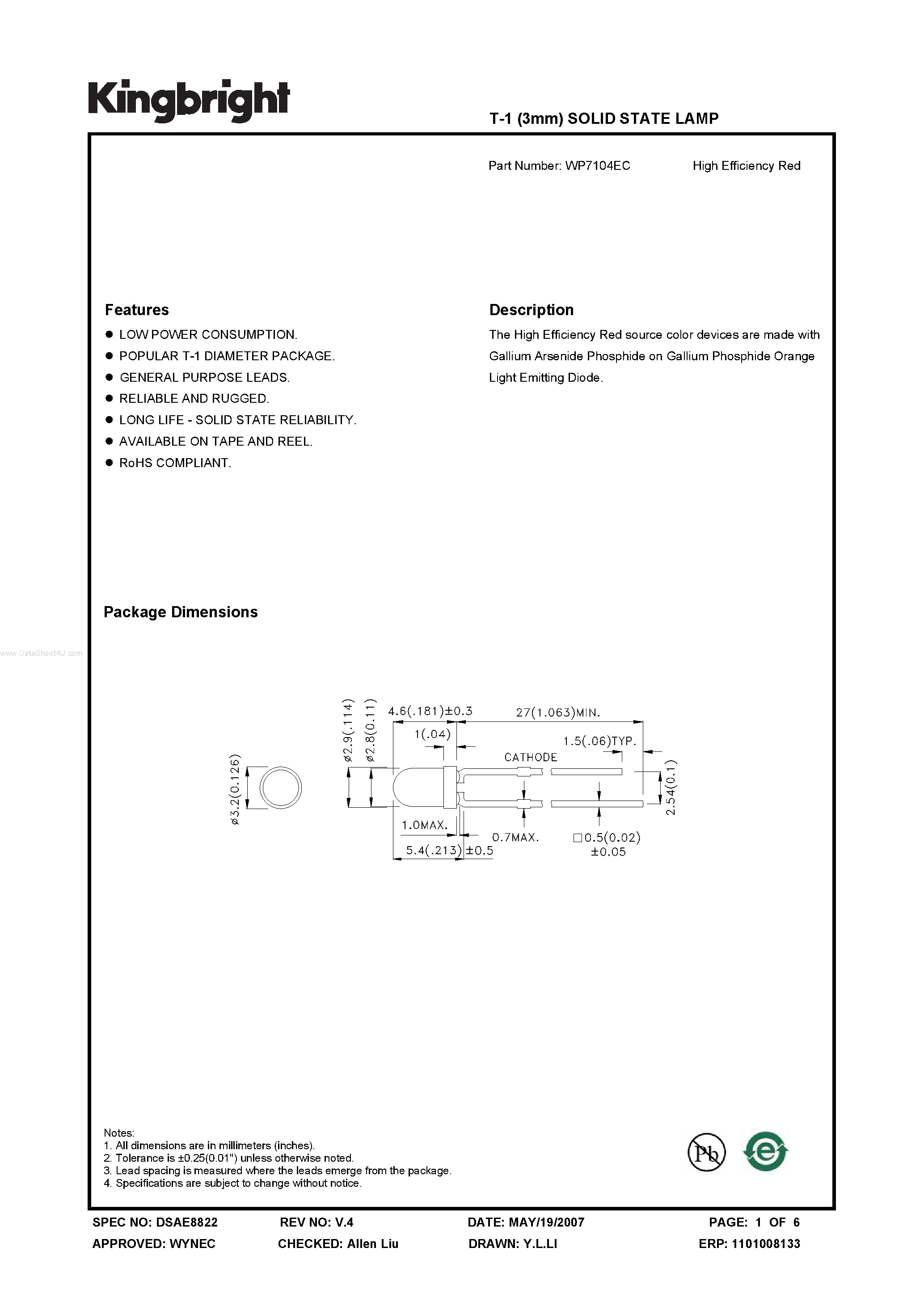 Datasheet WP7104EC - SOLID STATE LAMP page 1