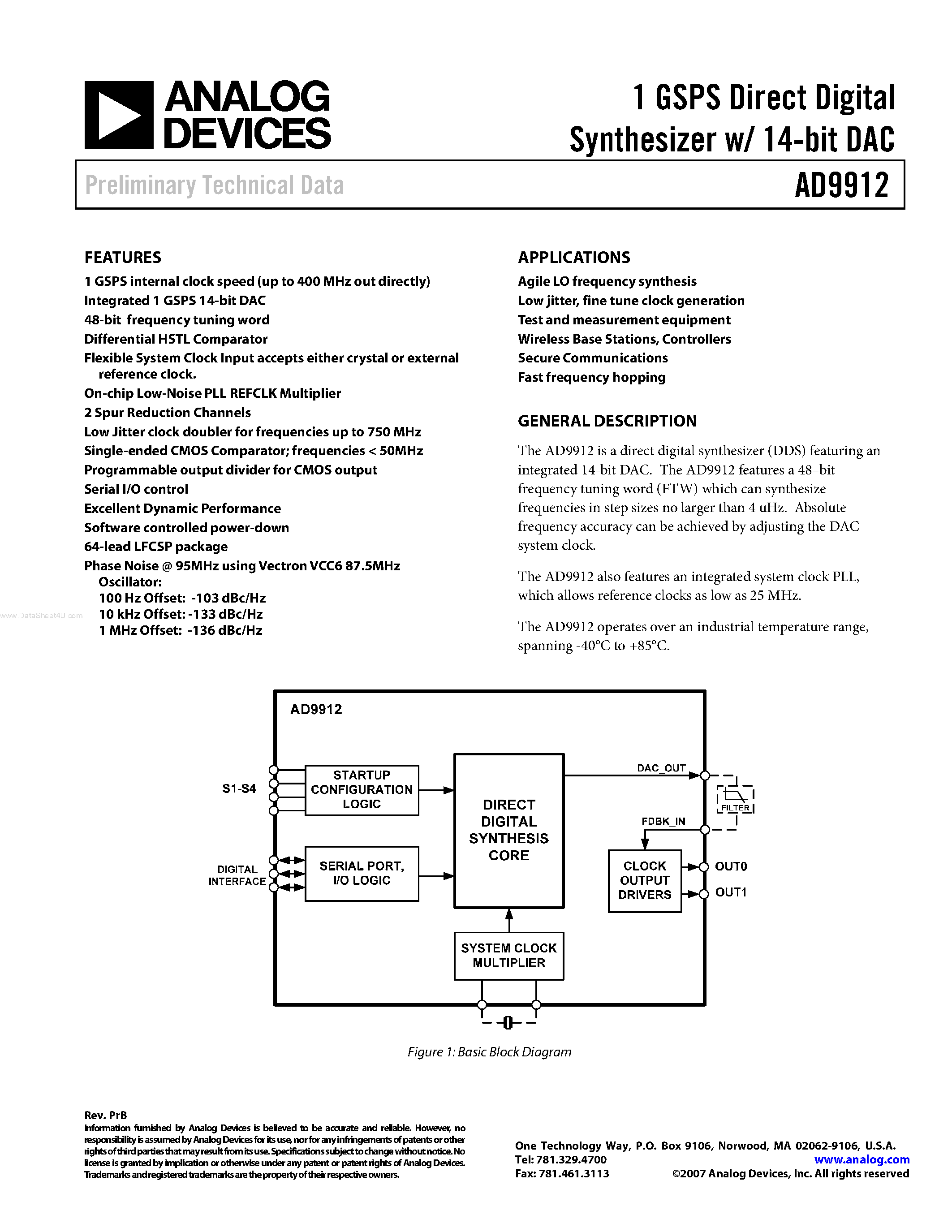 Datasheet AD9912 - 1 GSPS Direct Digital Synthesizer w/ 14-bit DAC page 1