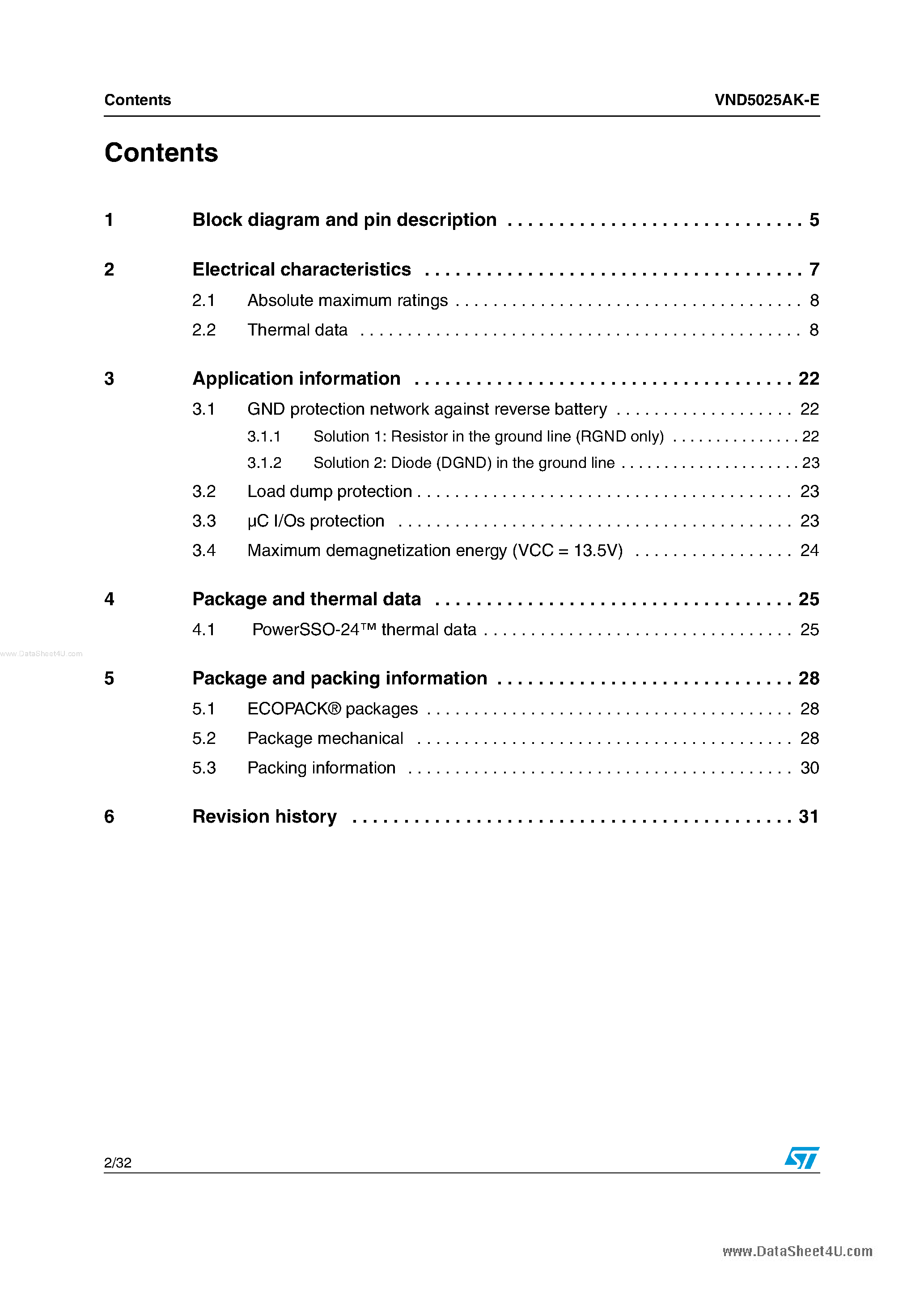 Datasheet VND5025AK-E - Double channel high side driver page 2