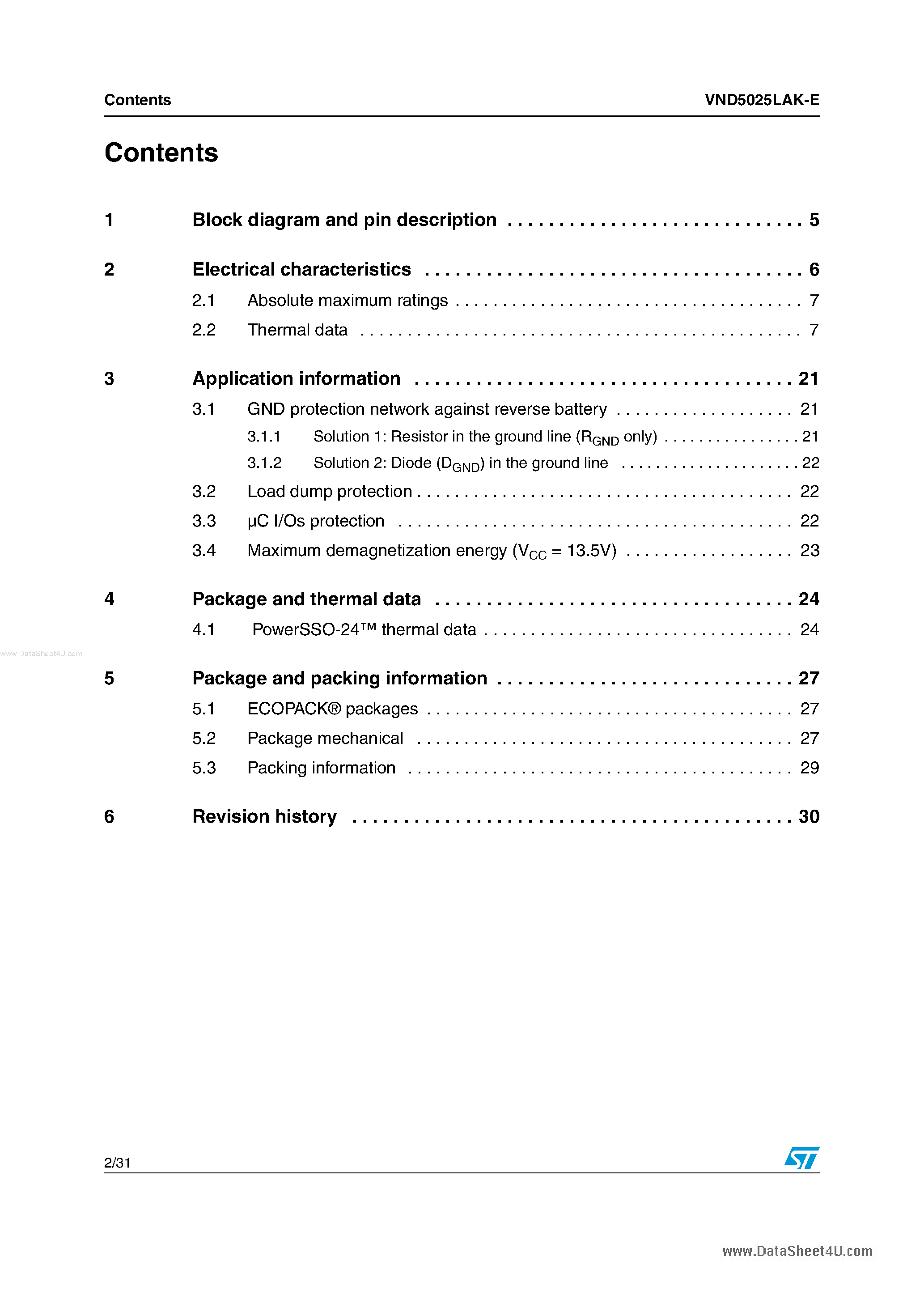 Datasheet VND5025LAK-E - Double channel high side driver page 2