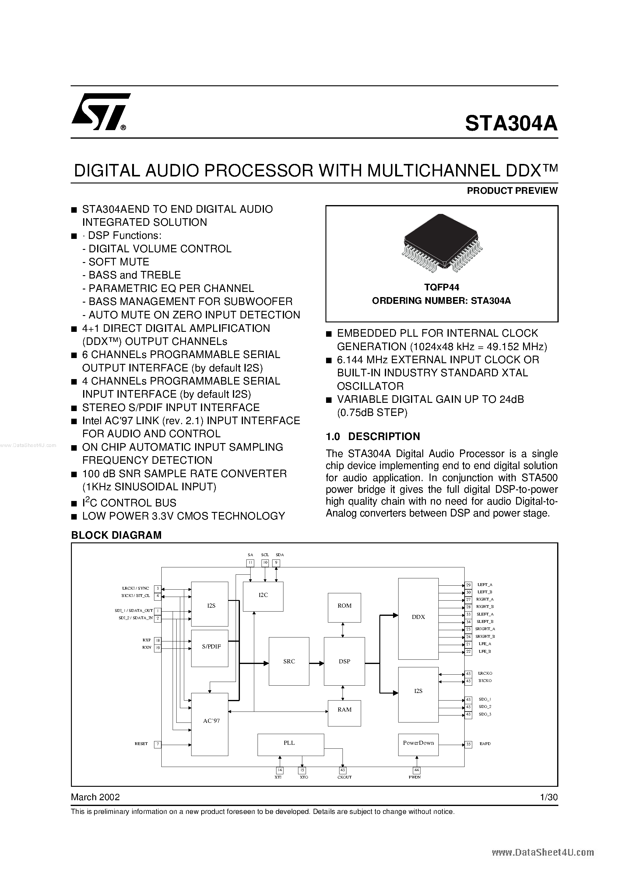 Даташит STA304A - DIGITAL AUDIO PROCESSOR страница 1