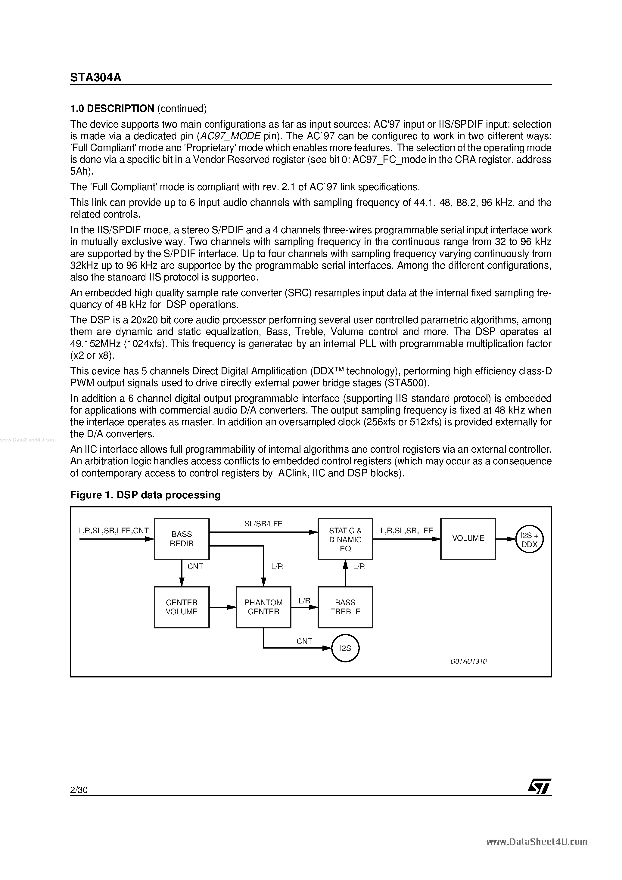 Даташит STA304A - DIGITAL AUDIO PROCESSOR страница 2