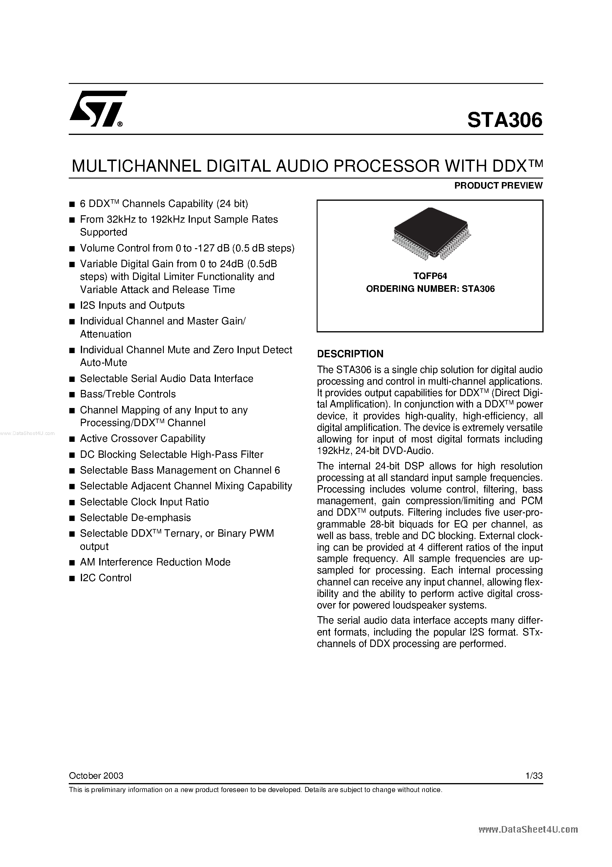 Даташит STA306 - MULTICHANNEL DIGITAL AUDIO PROCESSOR страница 1