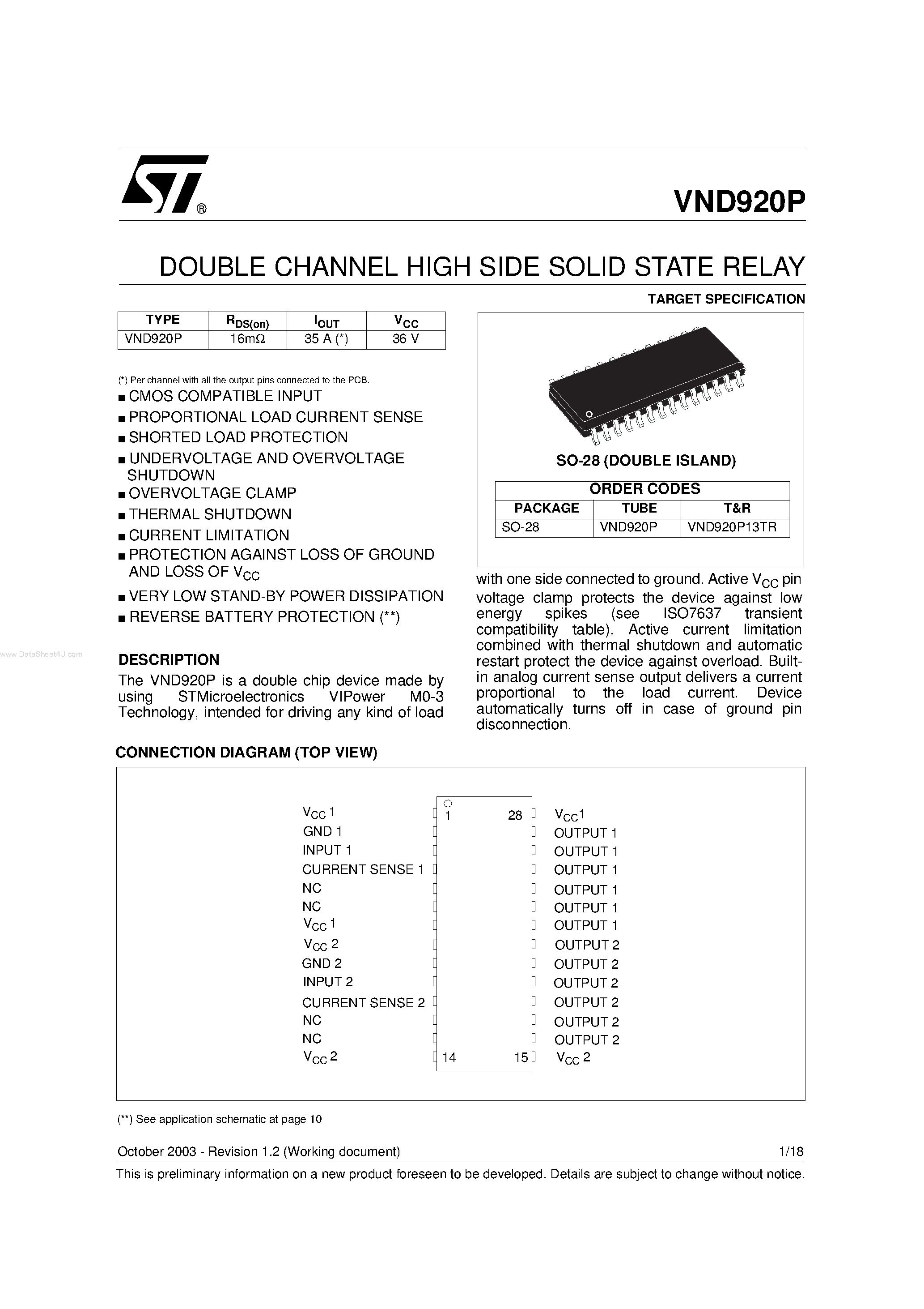 Даташит VND920P - DOUBLE CHANNEL HIGH SIDE SOLID STATE RELAY страница 1