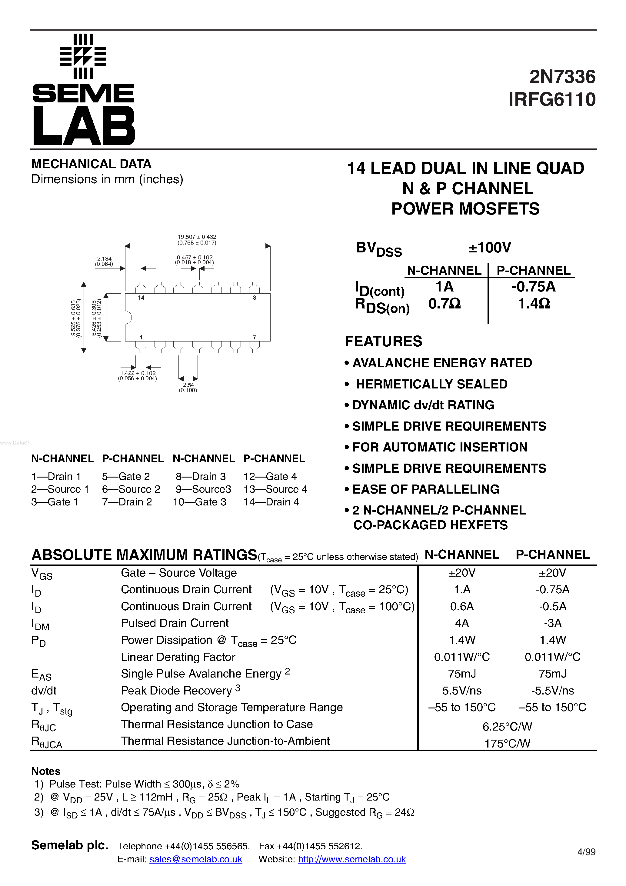 Даташит 2N7336 - 14 LEAD DUAL IN LINE QUAD N & P CHANNEL POWER MOSFETS страница 1