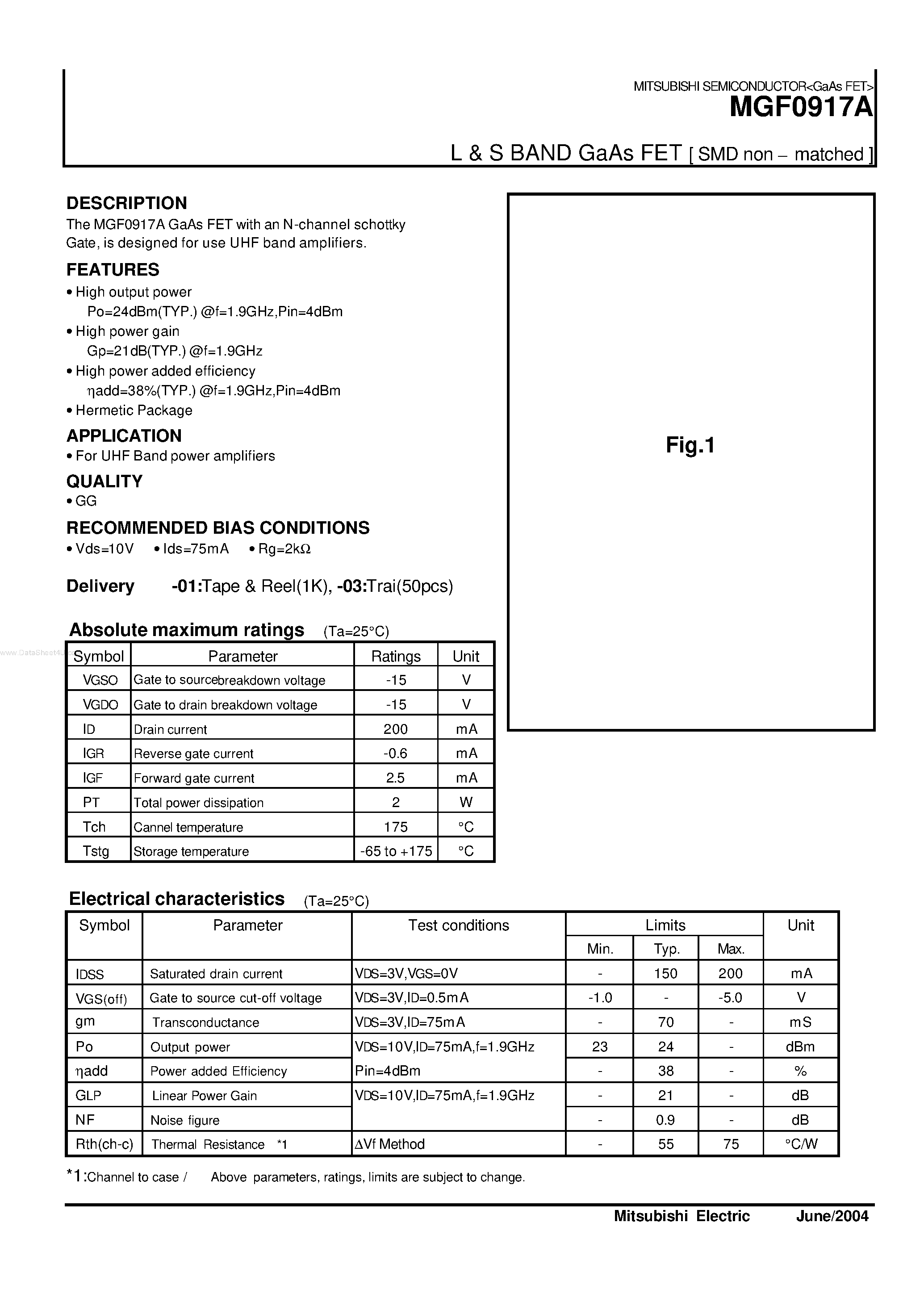 Datasheet MGF0917A - L & S BAND GaAs FET page 1