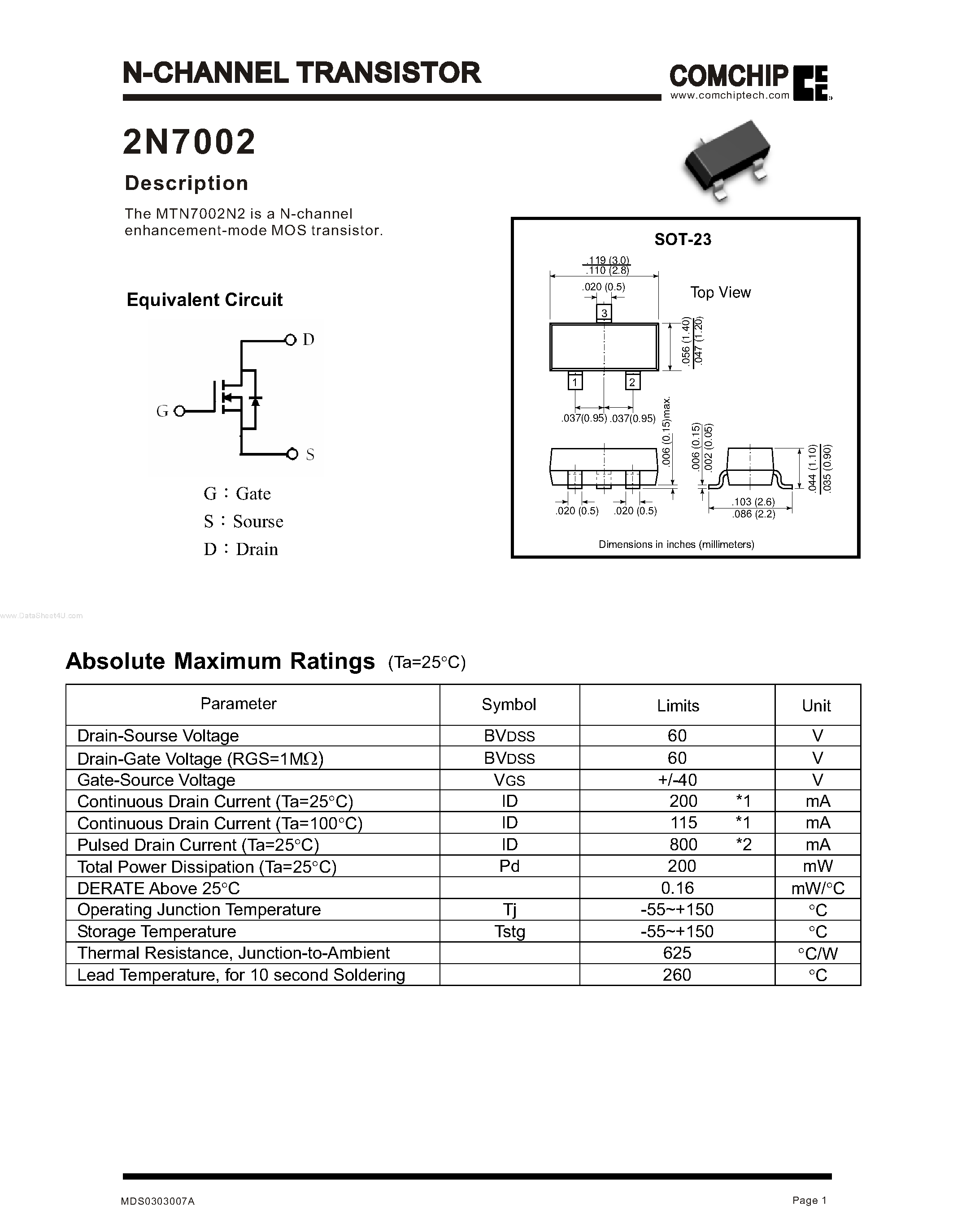 Даташит 2N7002 - N-CHANNEL TRANSISTOR страница 1