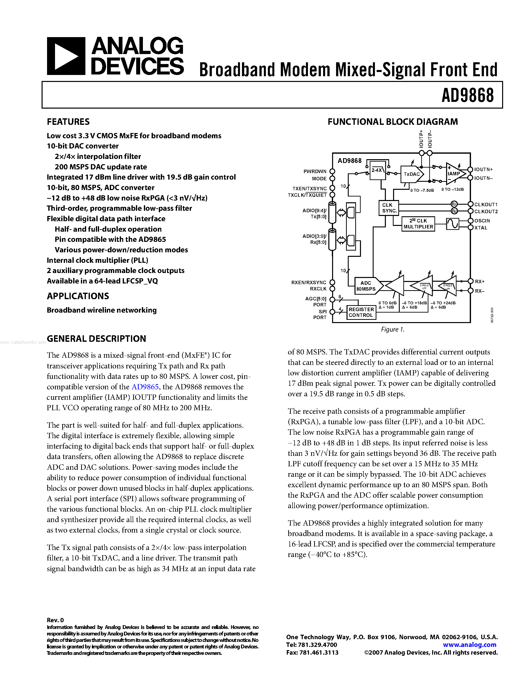 Datasheet AD9868 - Broadband Modem Mixed-Signal Front End page 1