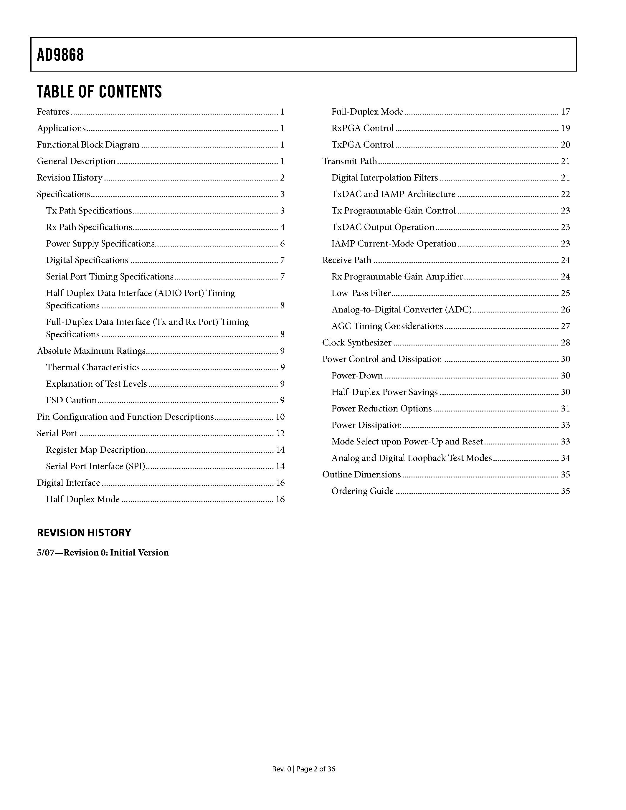 Datasheet AD9868 - Broadband Modem Mixed-Signal Front End page 2