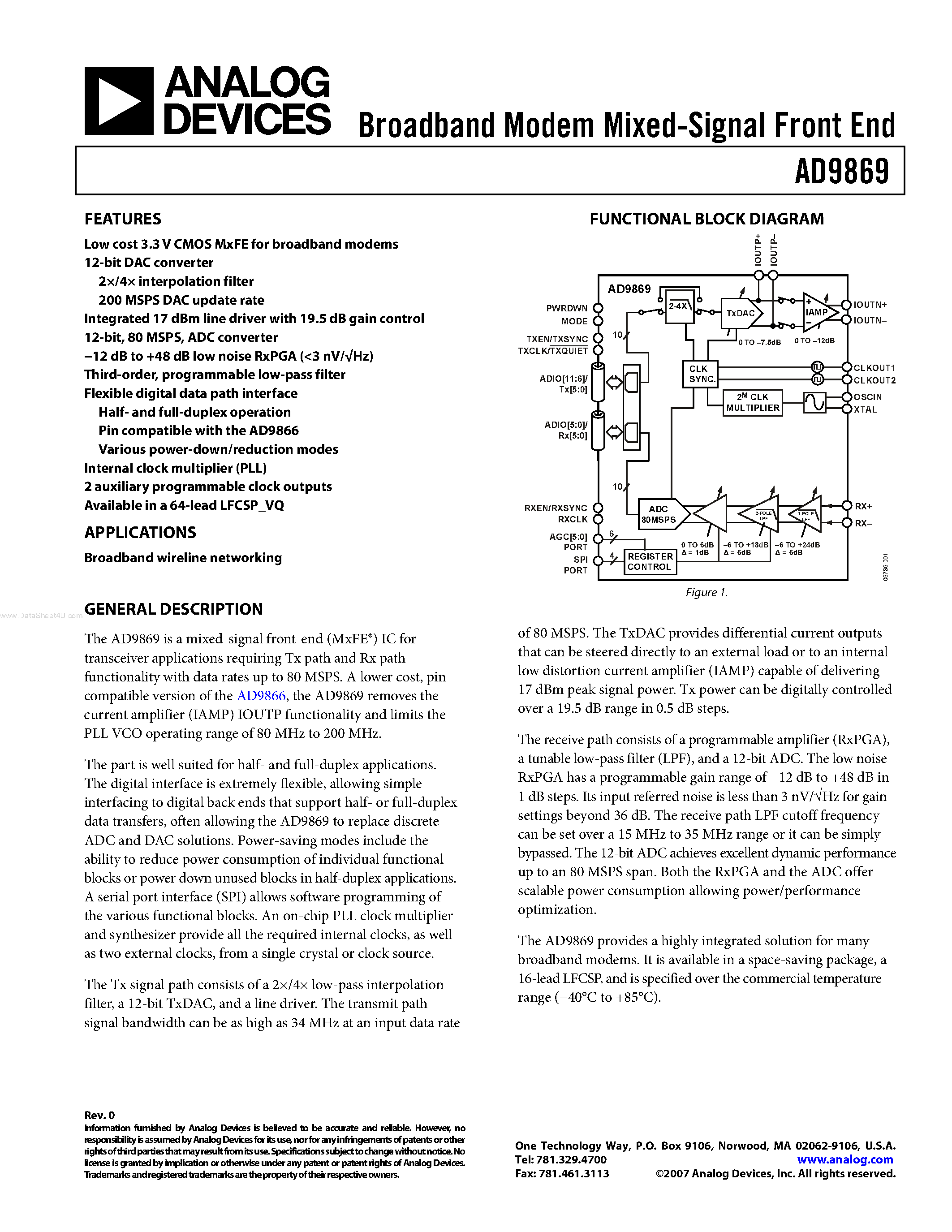 Datasheet AD9869 - Broadband Modem Mixed-Signal Front End page 1