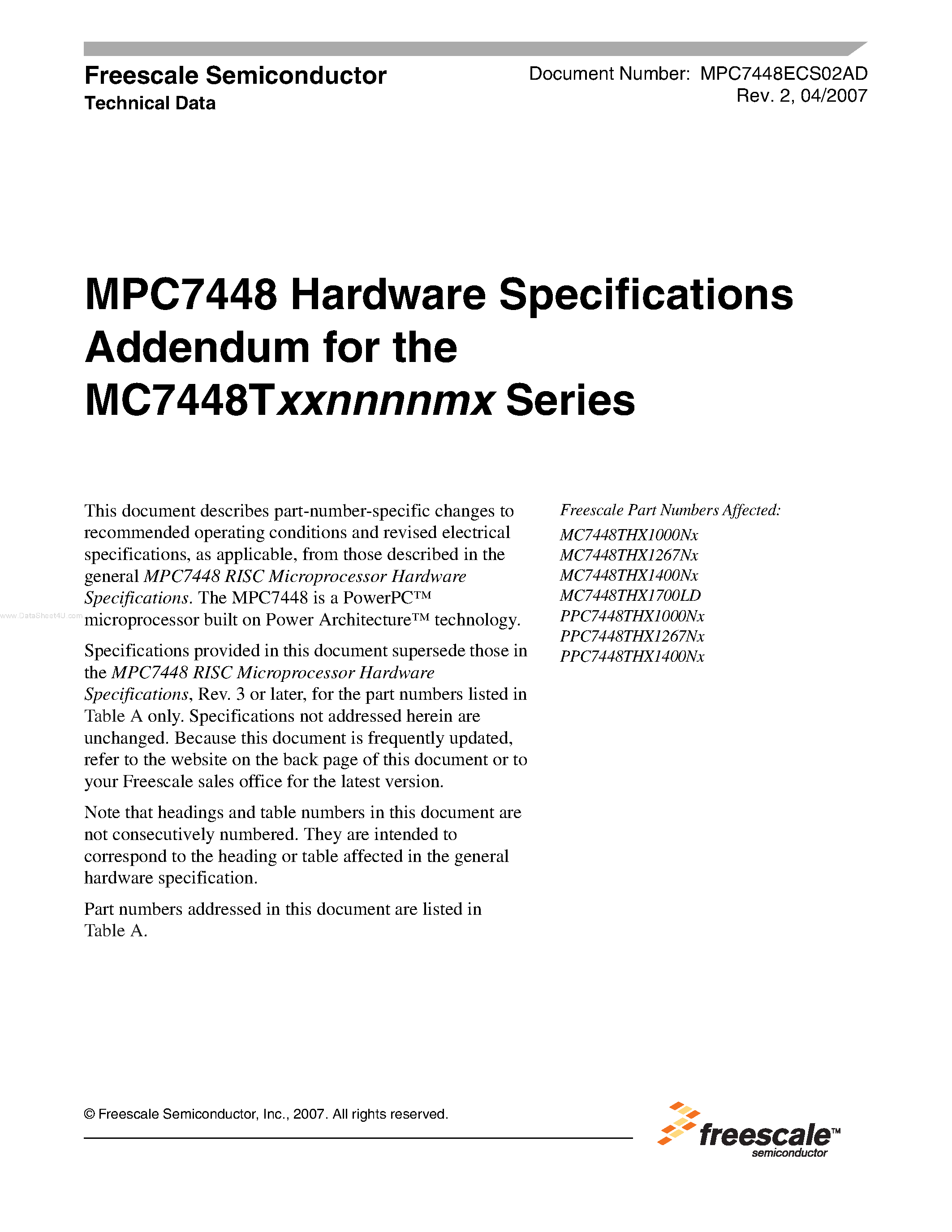 Даташит MC7448Txx - Hardware Specifications Addendum страница 1