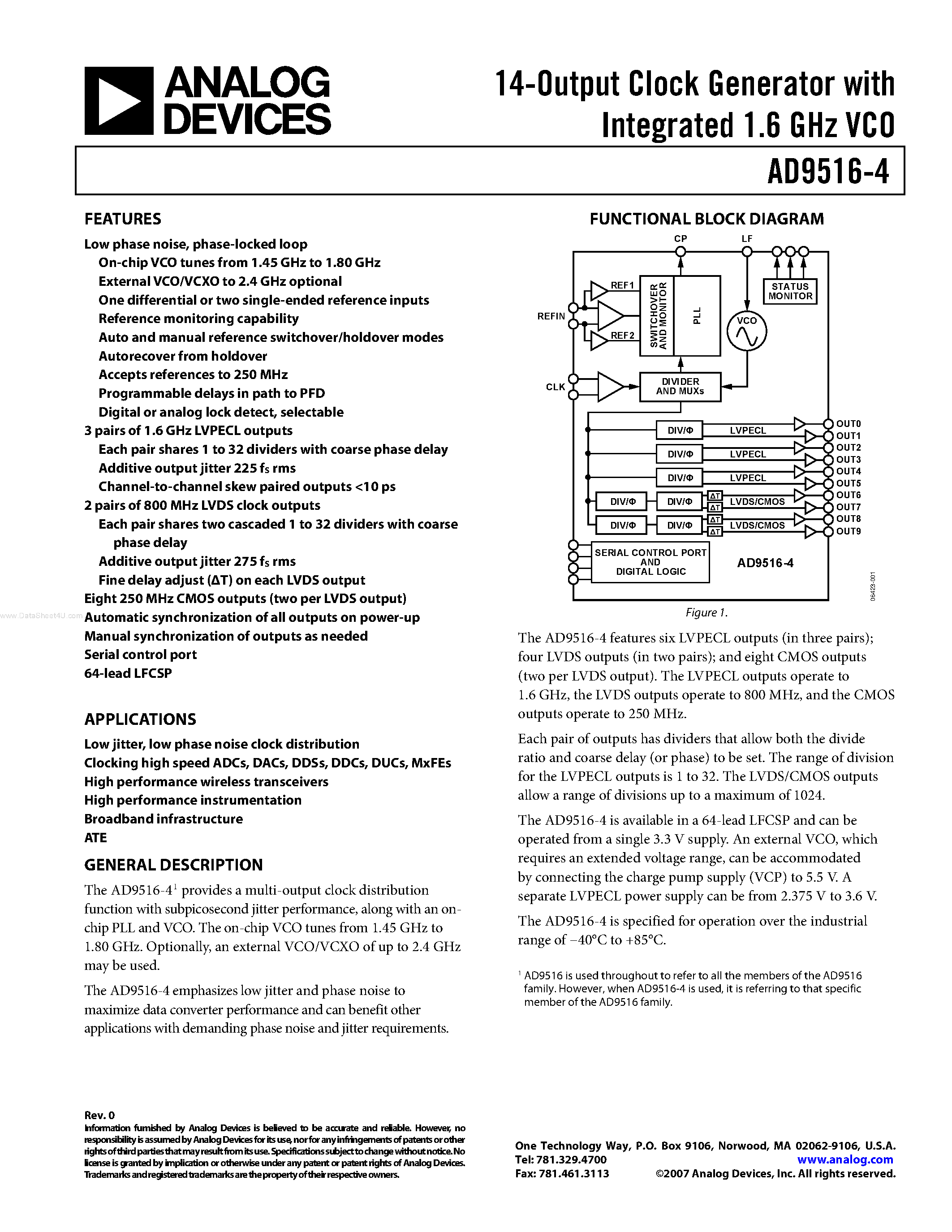 Datasheet AD9516-4 - 14-Output Clock Generator page 1