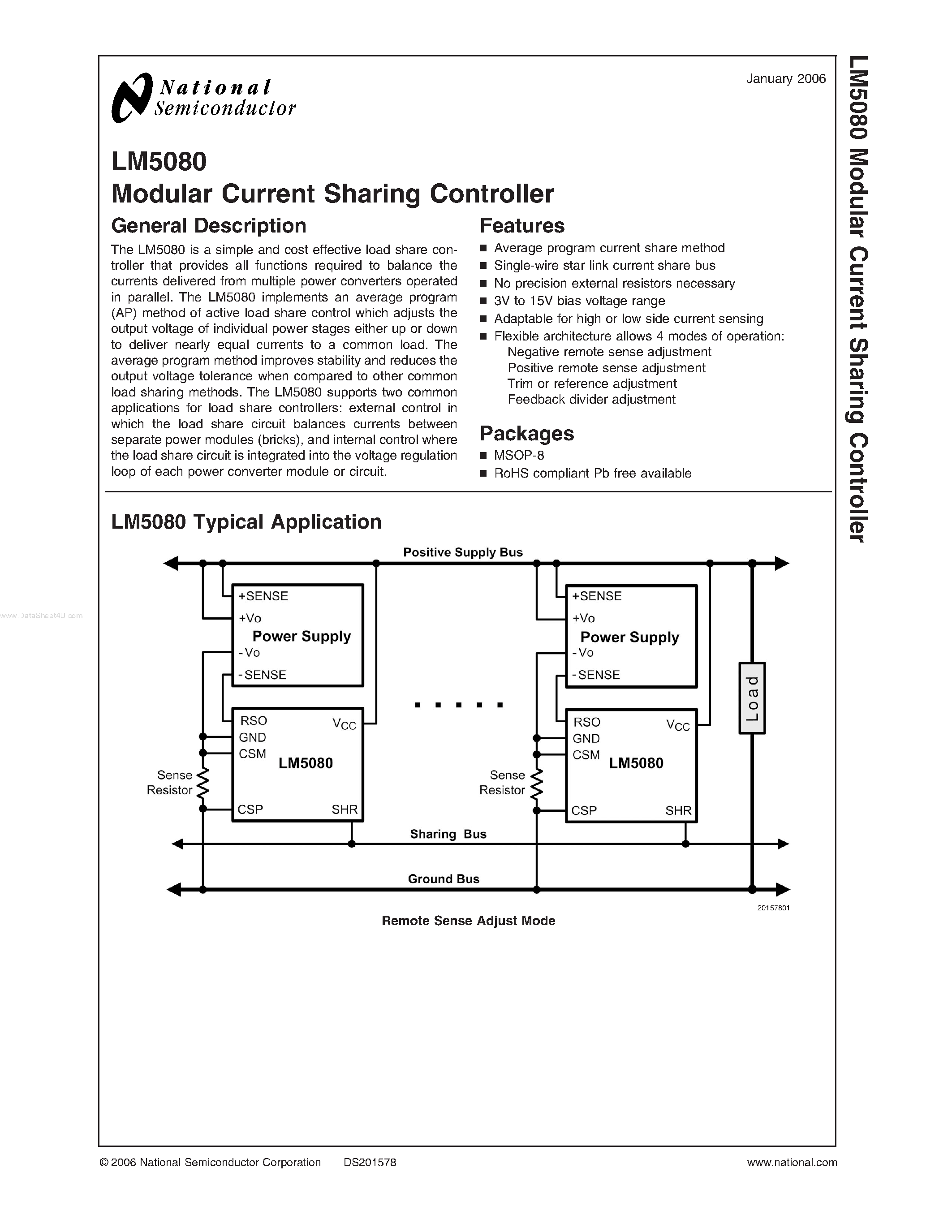 Datasheet LM5080 - Modular Current Sharing Controller page 1