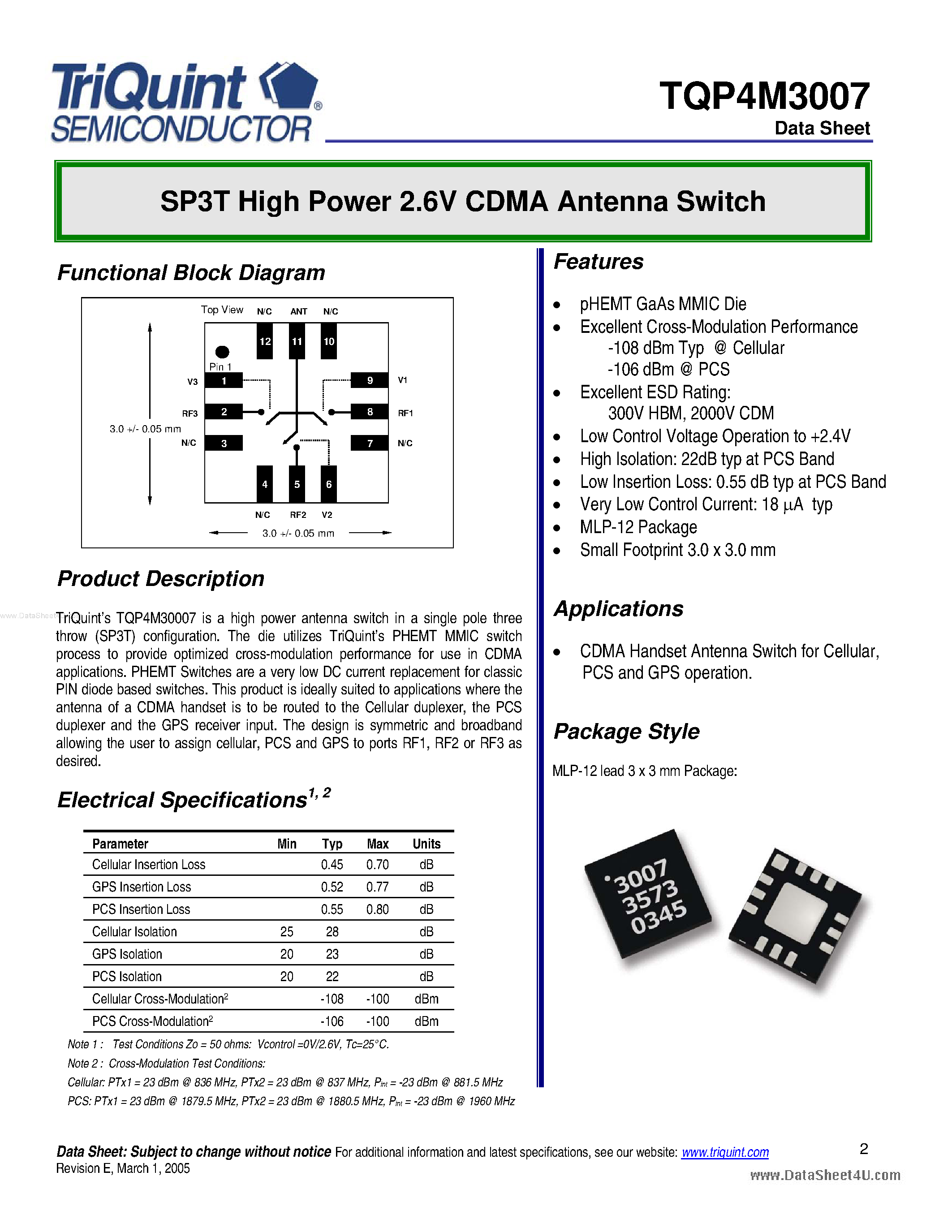 Даташит TQP4M3007 - SP3T High Power 2.6V CDMA Antenna Switch страница 1