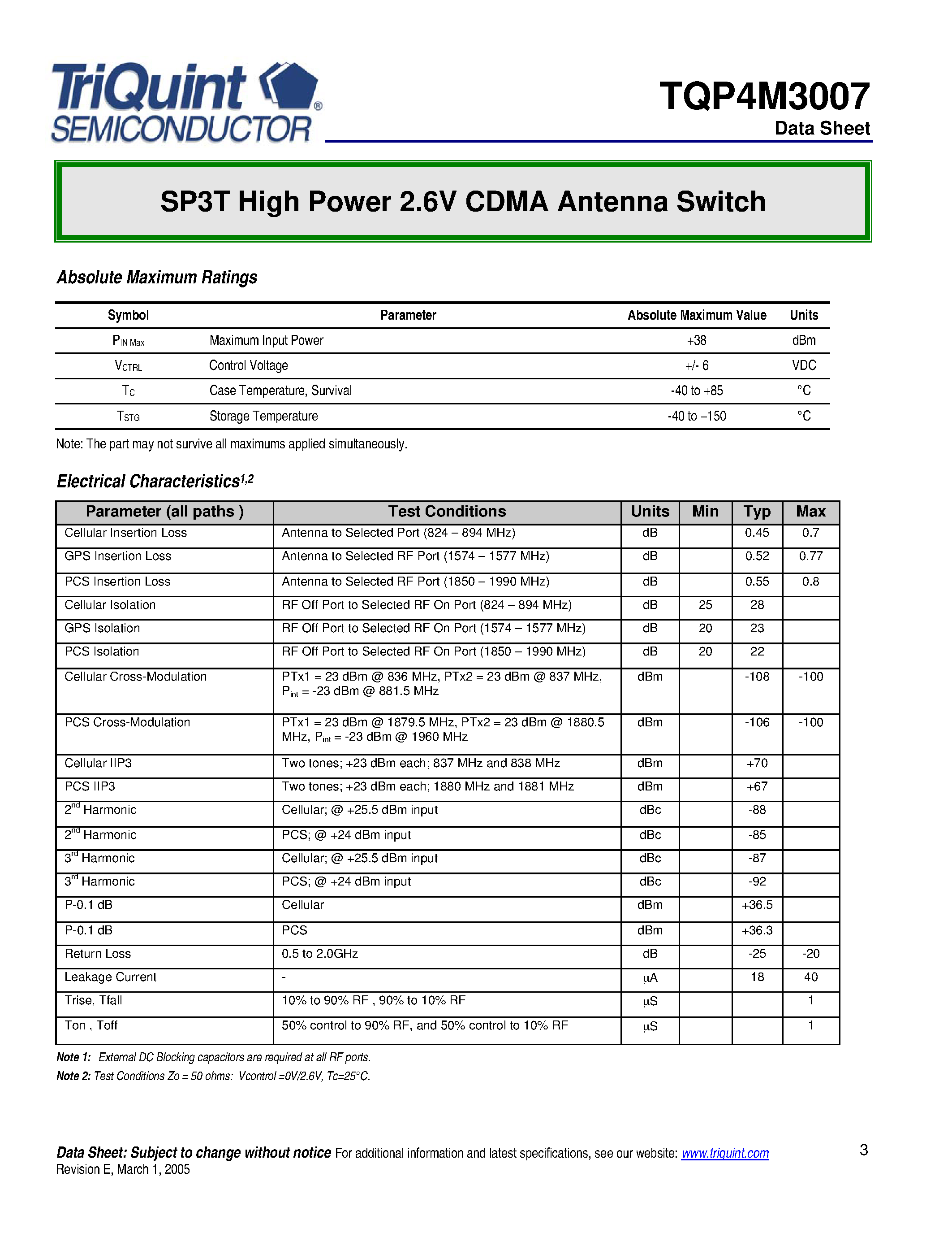 Даташит TQP4M3007 - SP3T High Power 2.6V CDMA Antenna Switch страница 2