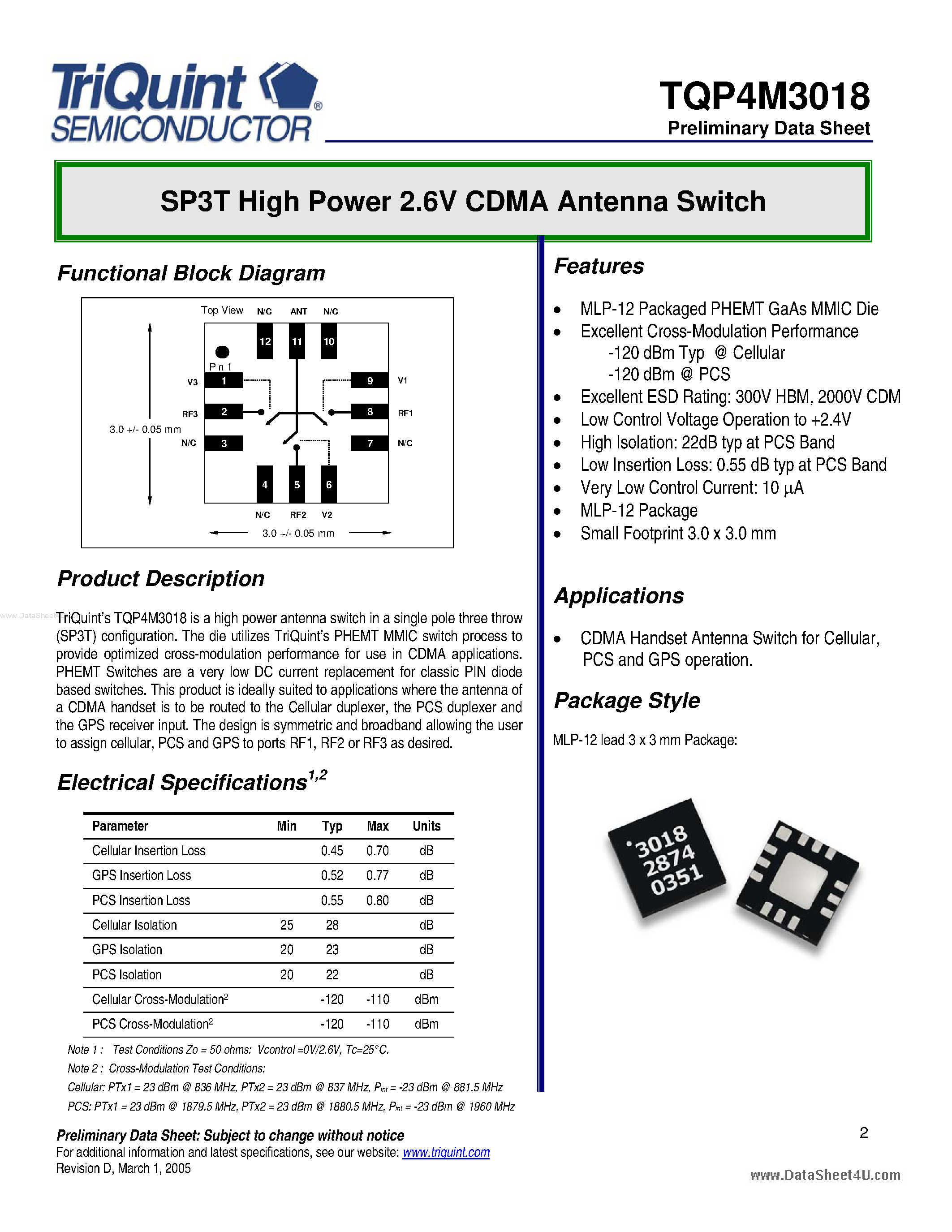 Даташит TQP4M3018 - SP3T High Power 2.6V CDMA Antenna Switch страница 1