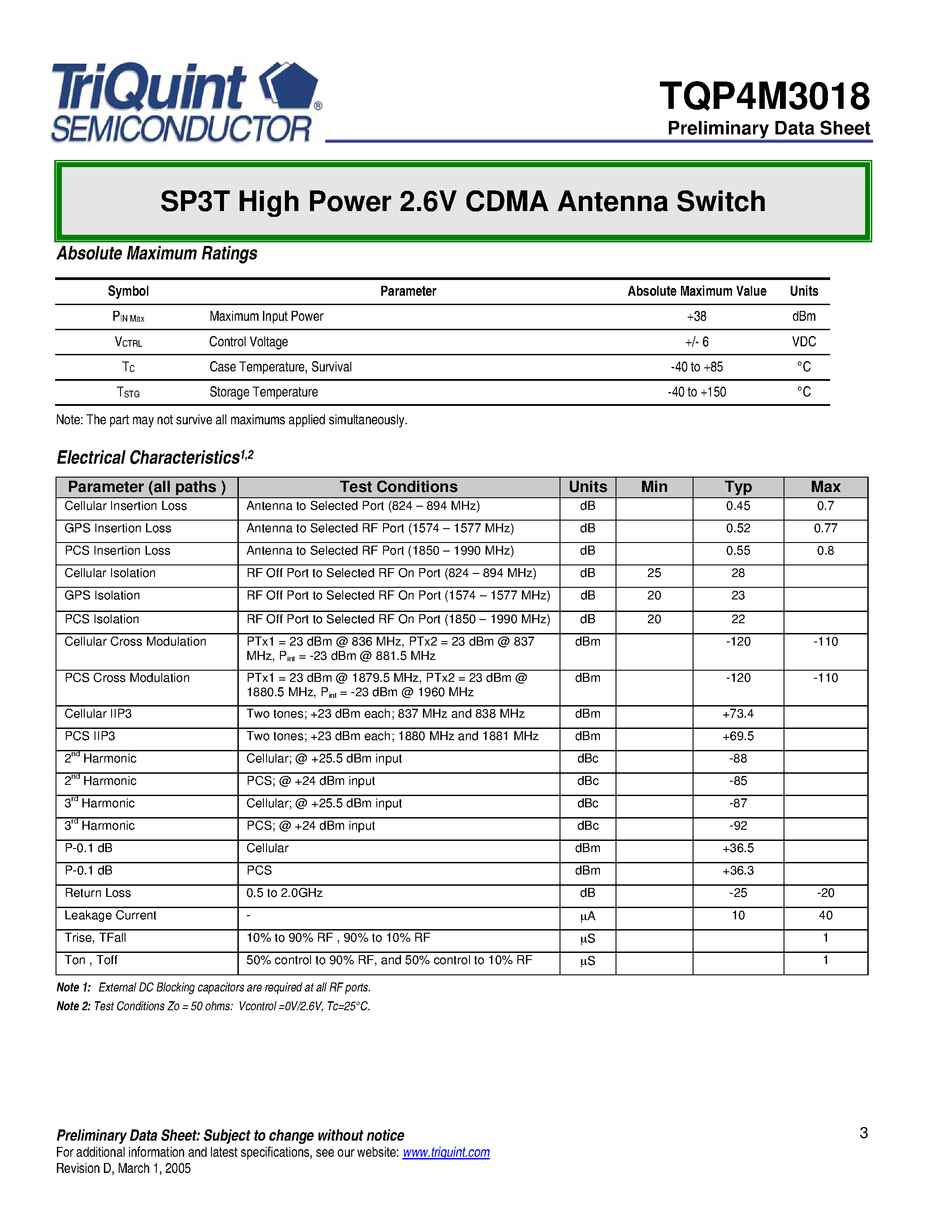 Даташит TQP4M3018 - SP3T High Power 2.6V CDMA Antenna Switch страница 2