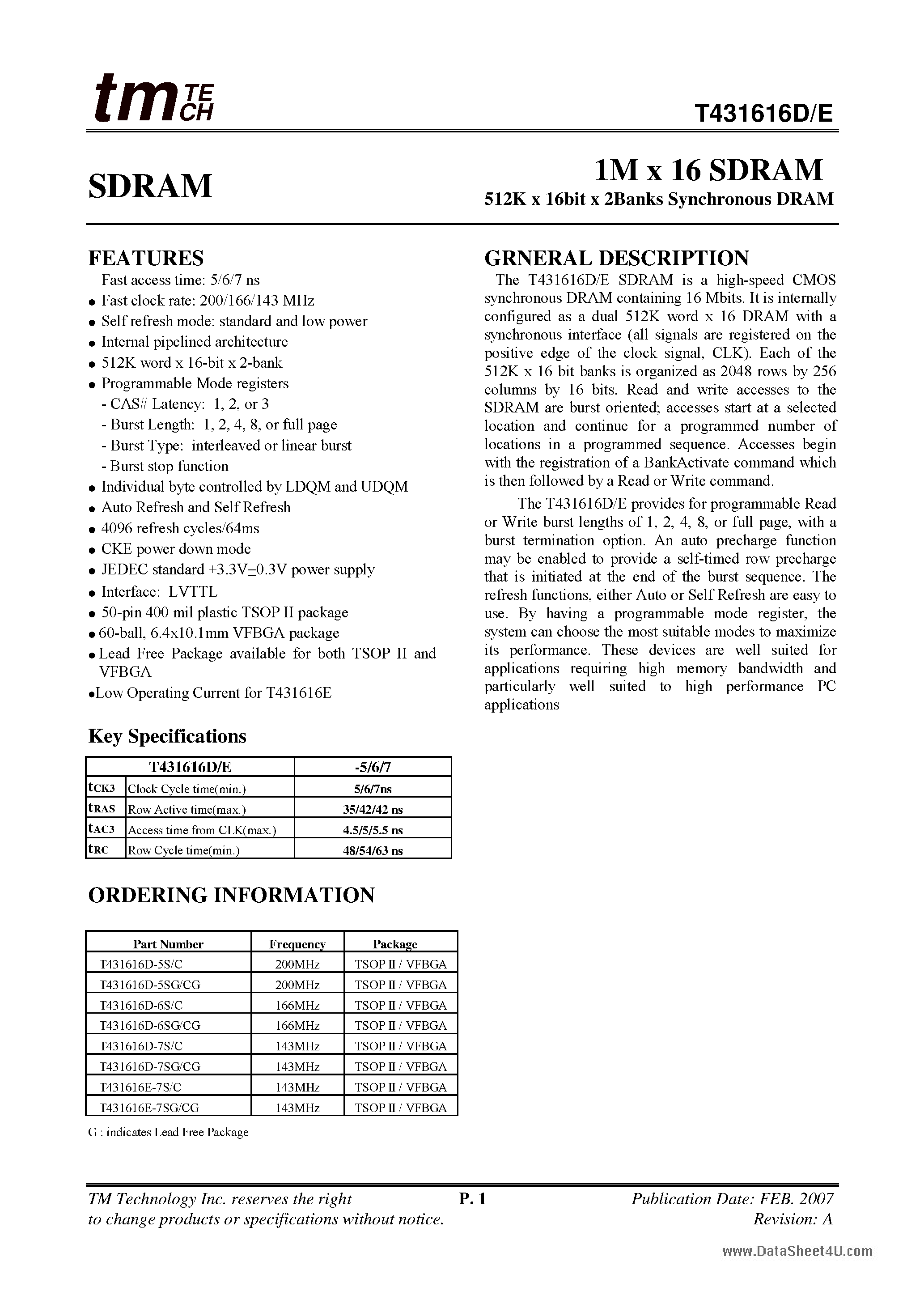 Datasheet T431616D - (T431616D/E) 1M x 16 SDRAM 512K x 16bit x 2Banks Synchronous DRAM page 1