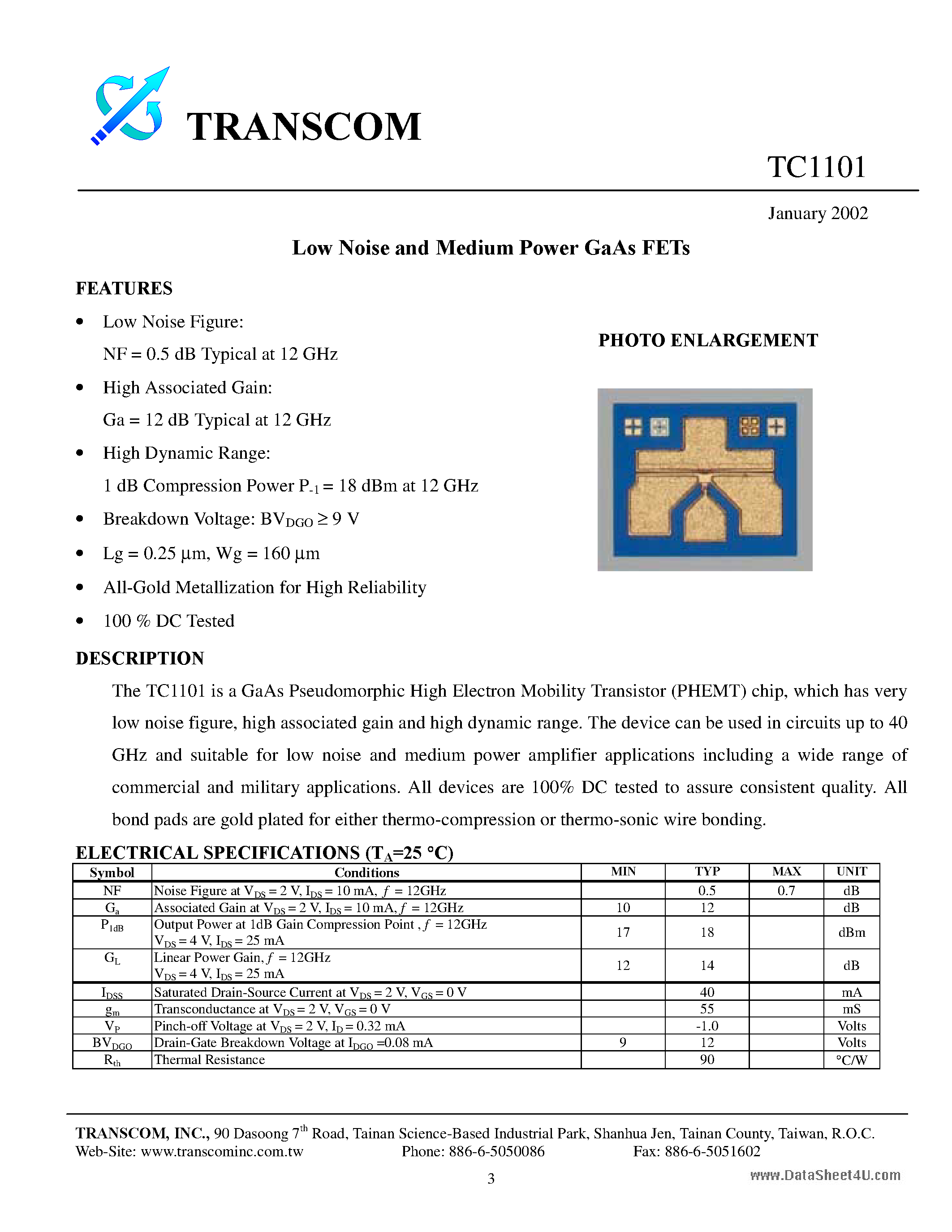 Datasheet TC1101 - Low Noise and Medium Power GaAs FETs page 1