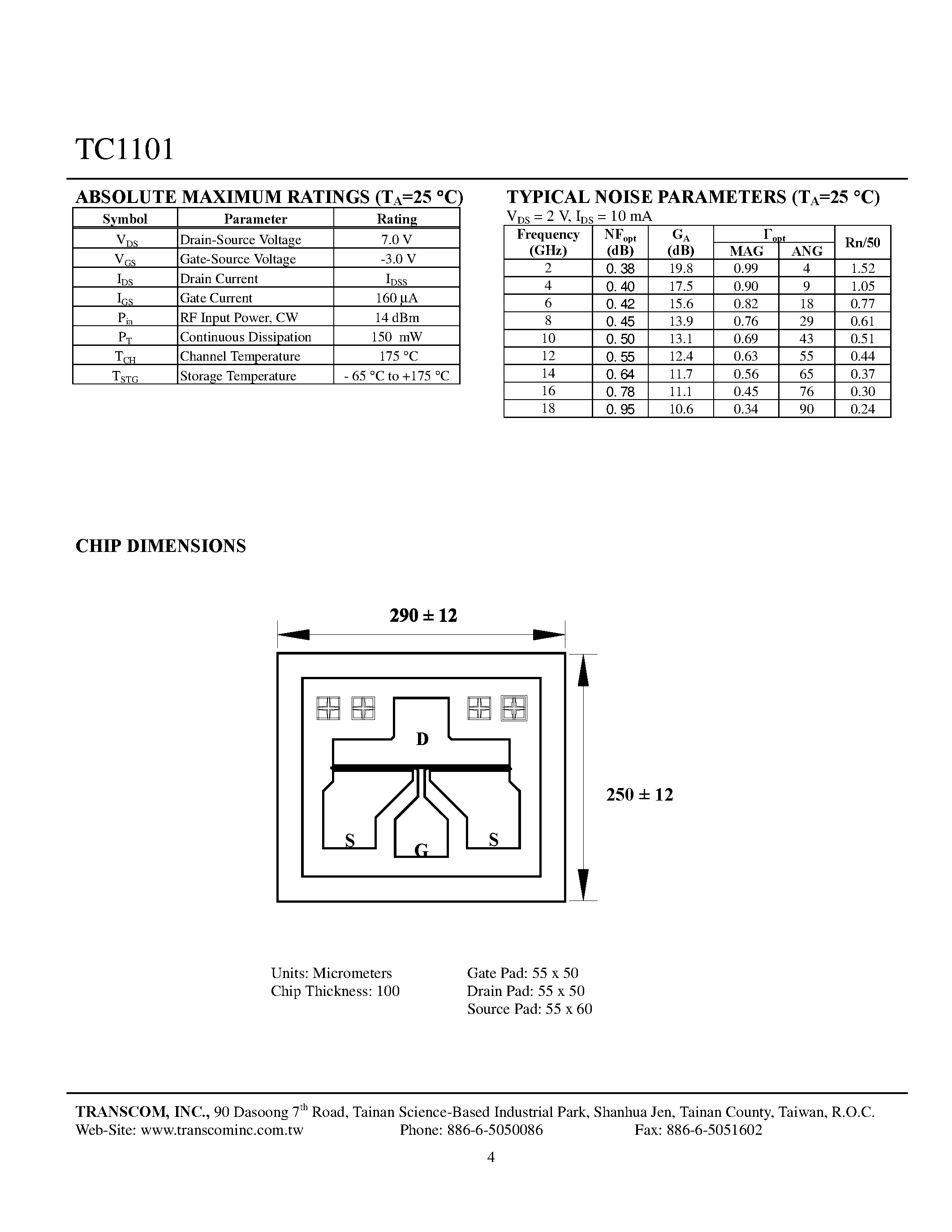 Datasheet TC1101 - Low Noise and Medium Power GaAs FETs page 2