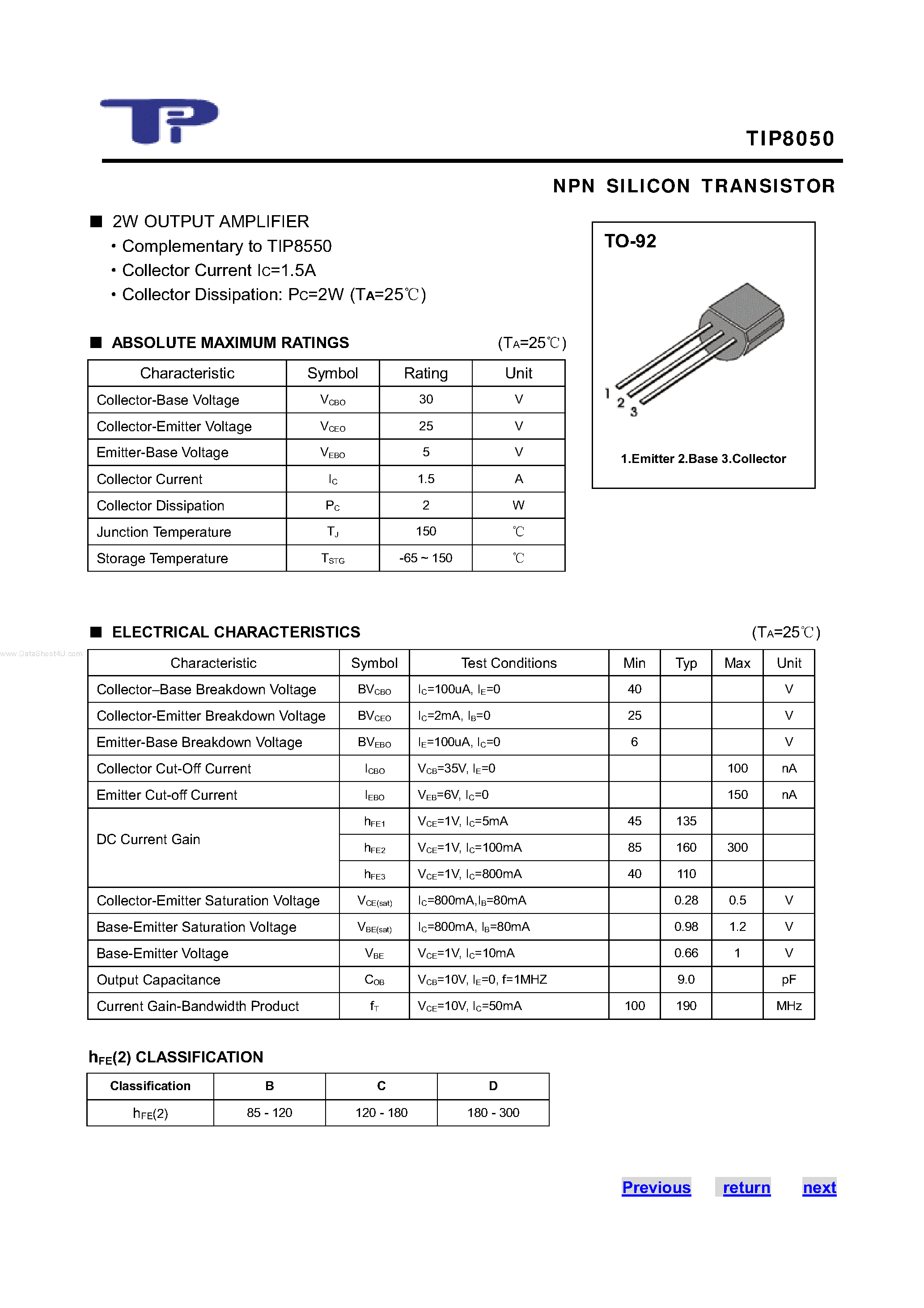 Даташит TIP8050 - NPN SILICON TRANSISTOR страница 1