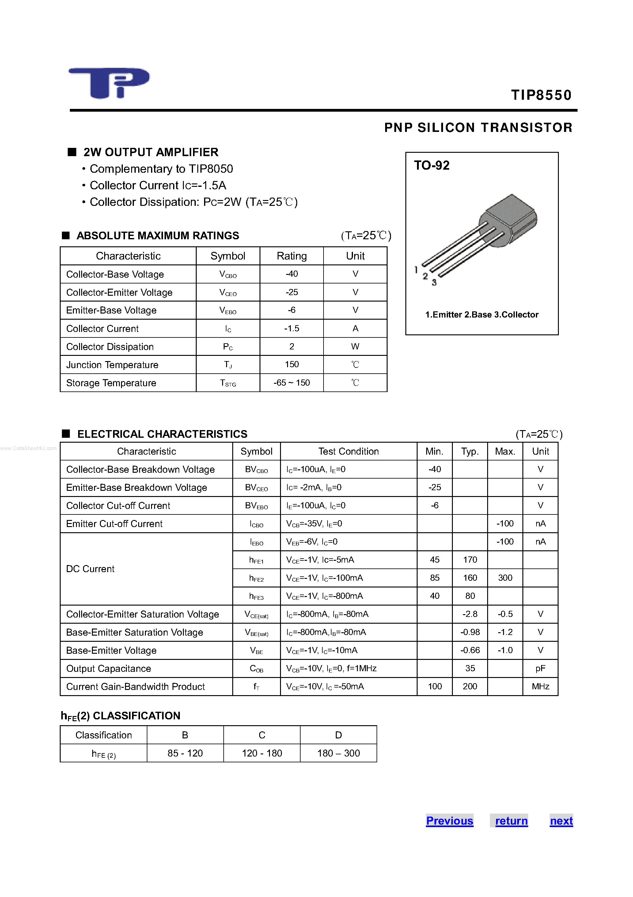 Даташит TIP8550 - PNP SILICON TRANSISTOR страница 1