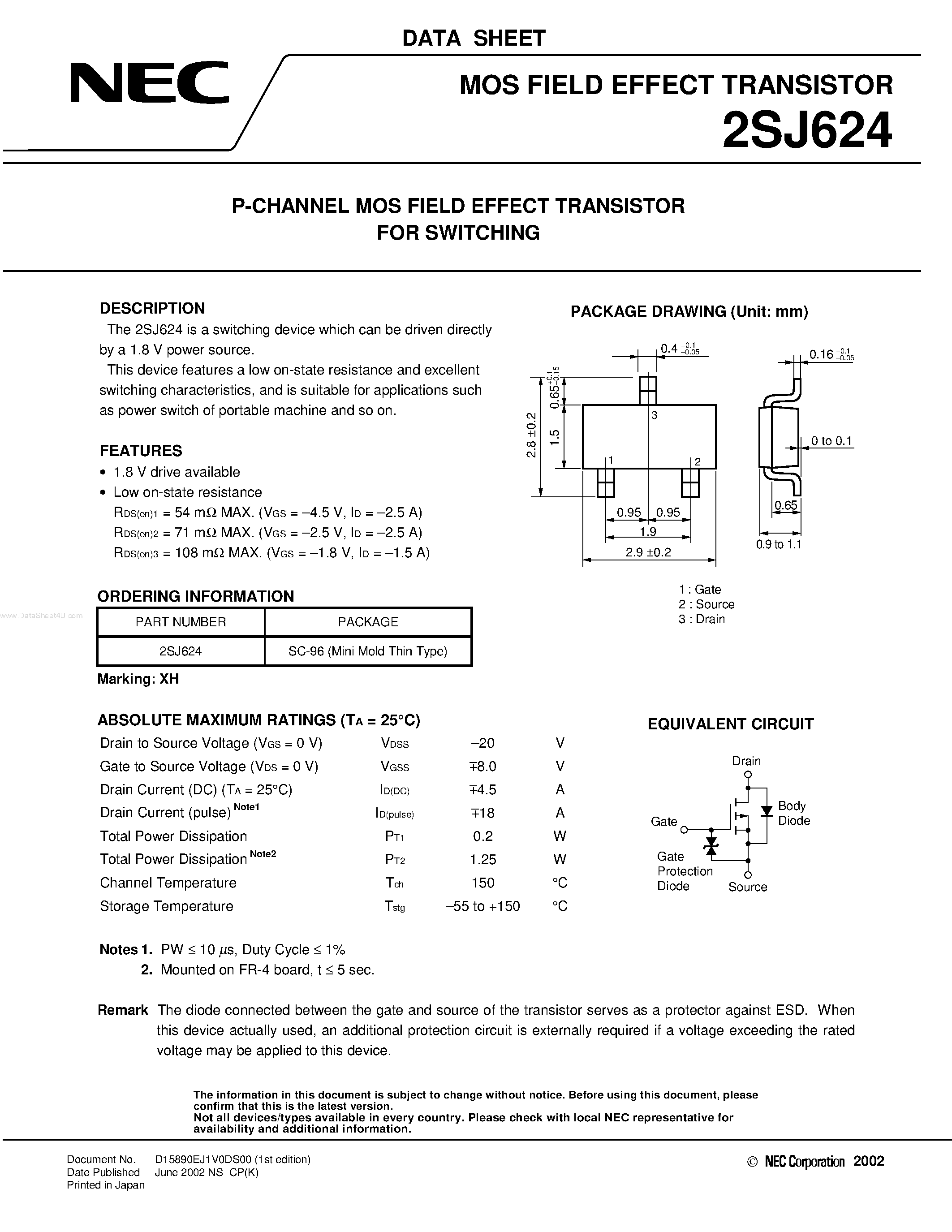 Datasheet 2SJ624 - MOS FIELD EFFECT TRANSISTOR page 1