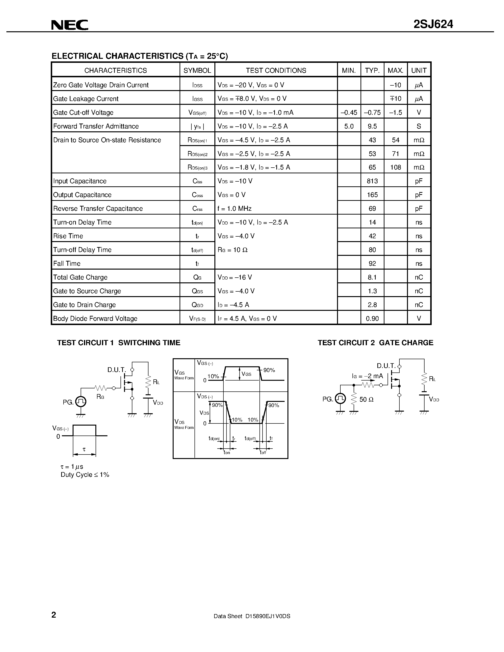 Datasheet 2SJ624 - MOS FIELD EFFECT TRANSISTOR page 2