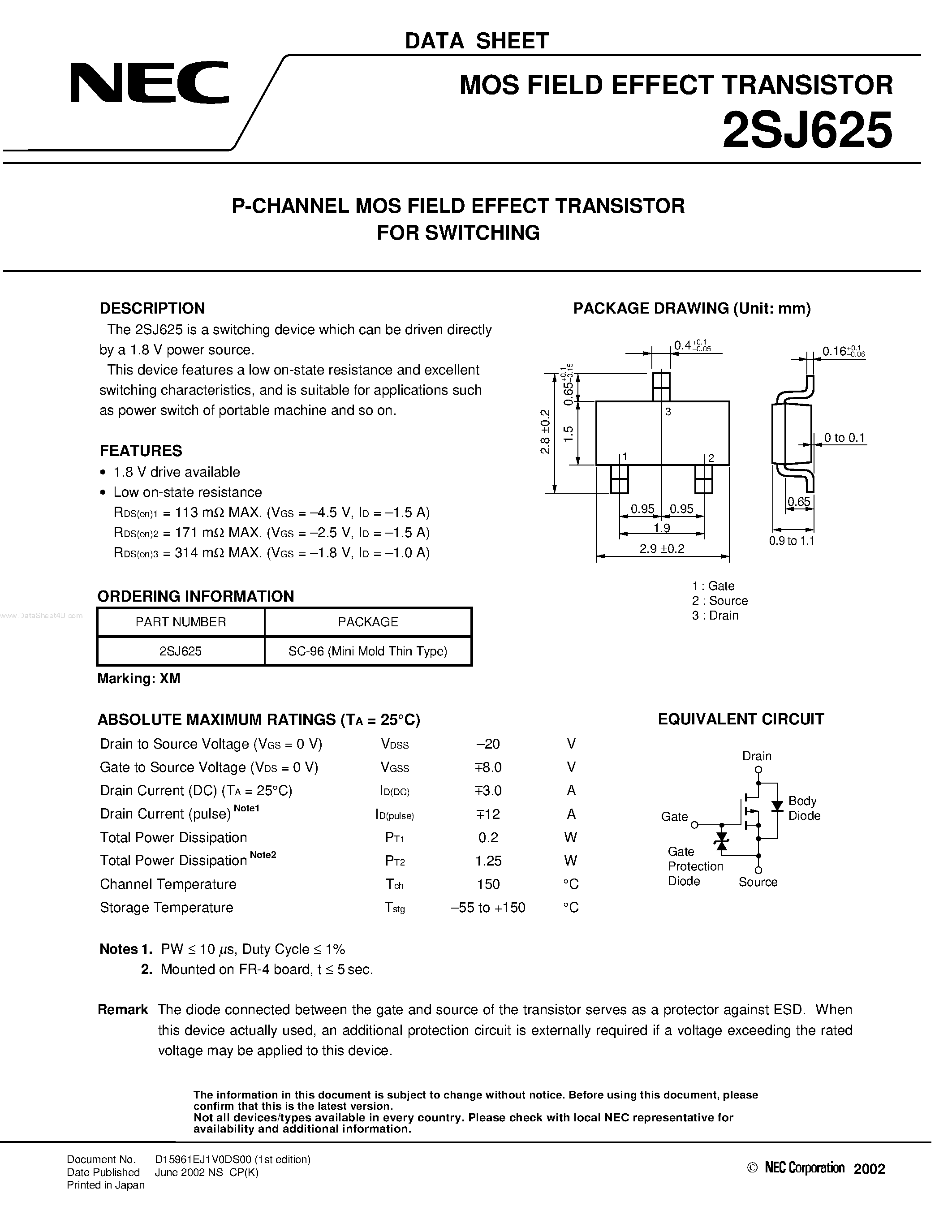 Datasheet 2SJ625 - MOS FIELD EFFECT TRANSISTOR page 1