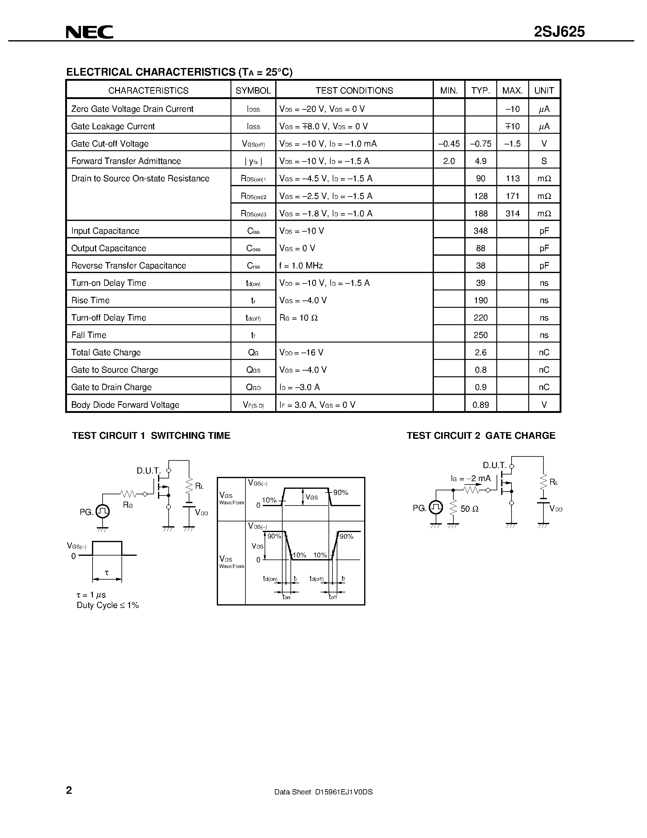 Datasheet 2SJ625 - MOS FIELD EFFECT TRANSISTOR page 2