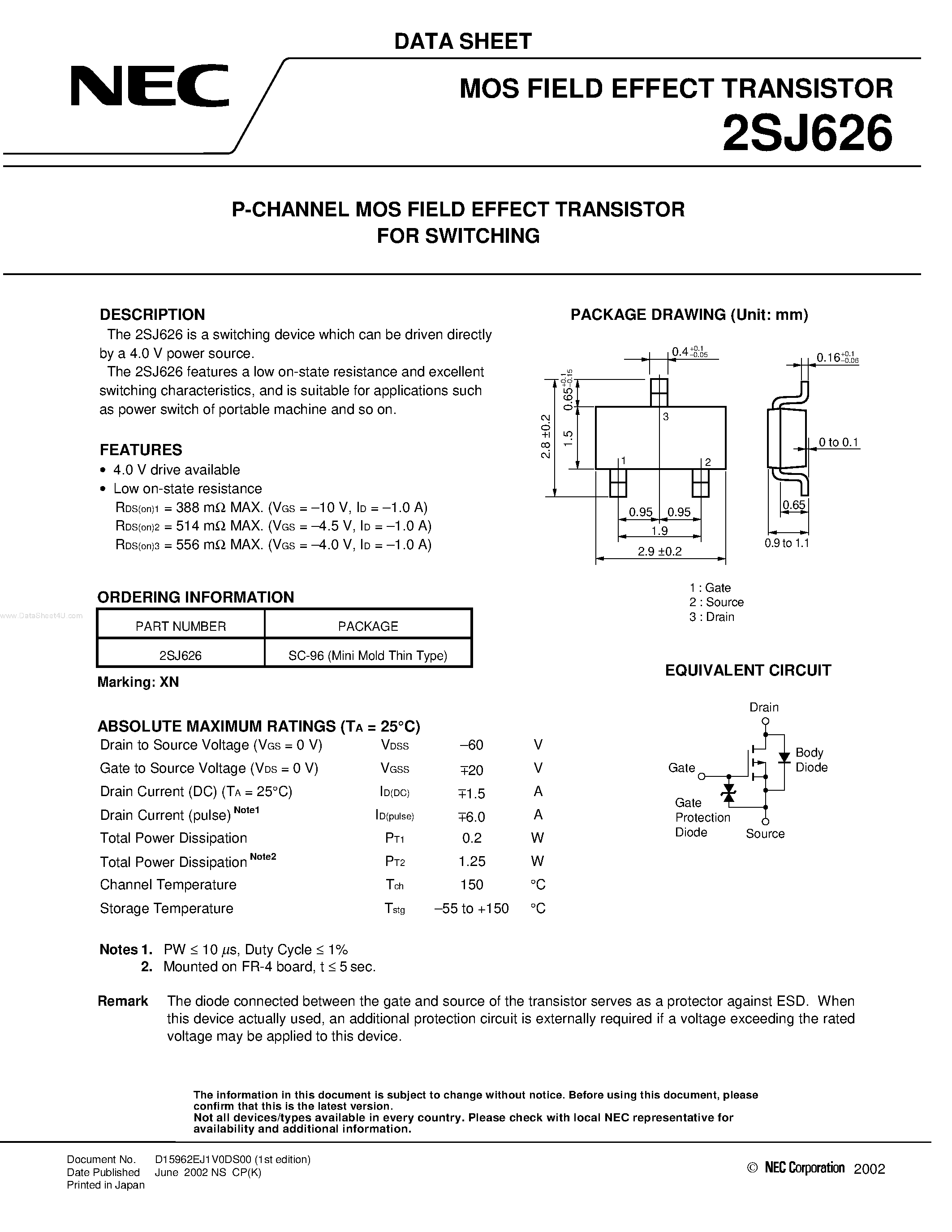 Datasheet 2SJ626 - MOS FIELD EFFECT TRANSISTOR page 1