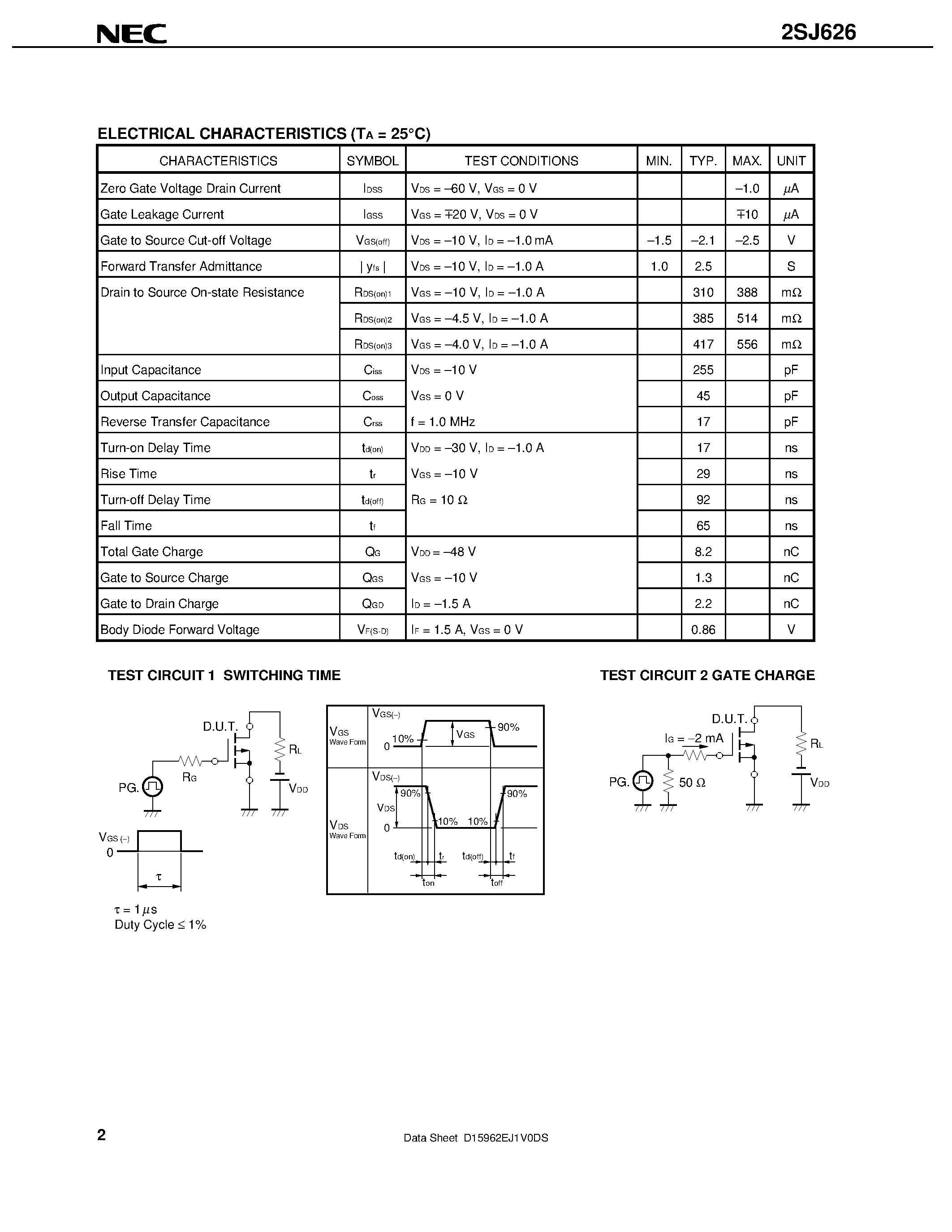 Datasheet 2SJ626 - MOS FIELD EFFECT TRANSISTOR page 2