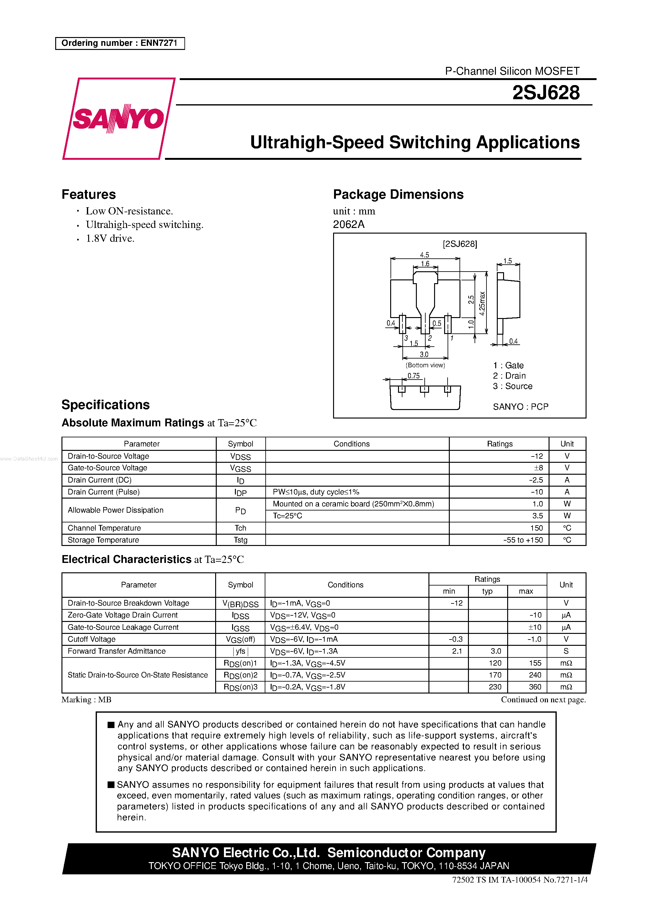 Datasheet 2SJ628 - Ultrahigh-Speed Switching Applications page 1