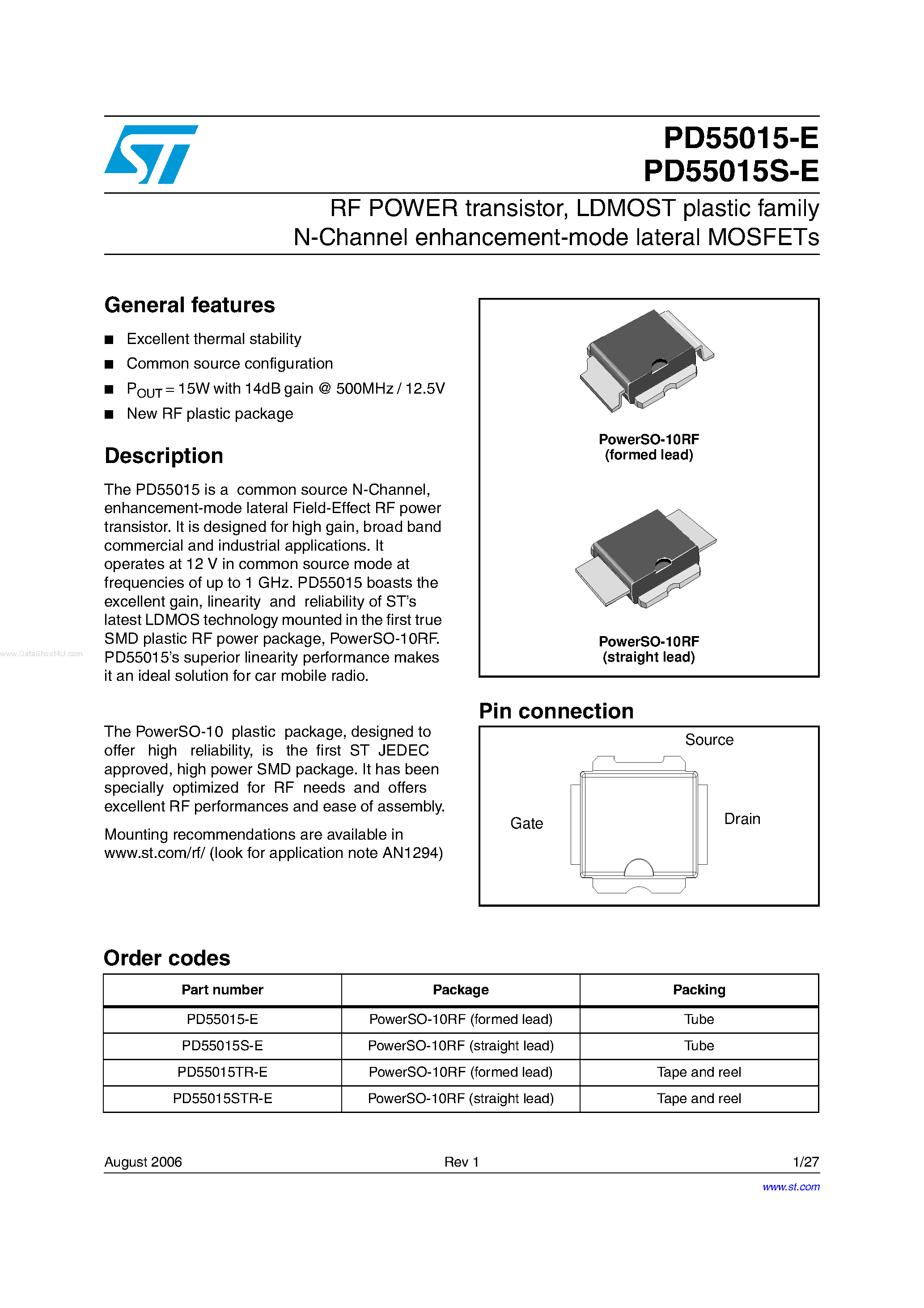 Даташит PD55015-E - LDMOST plastic family N-Channel enhancement-mode lateral MOSFETs страница 1