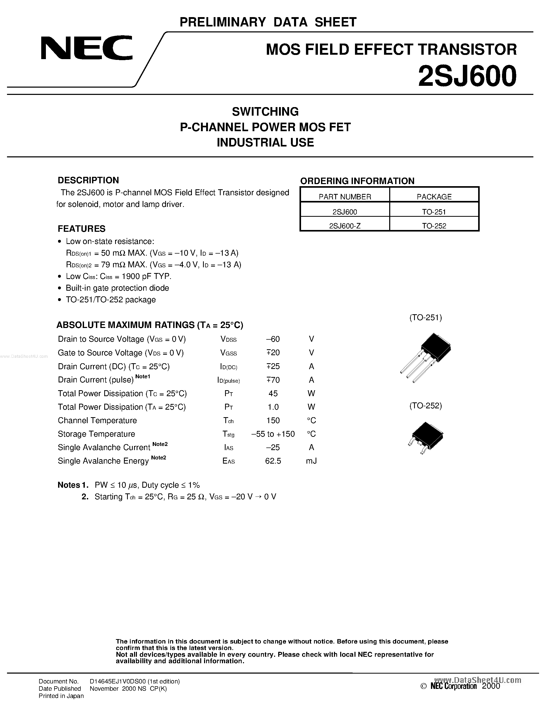 Даташит 2SJ600 - SWITCHING P-CHANNEL POWER MOS FET INDUSTRIAL USE страница 1