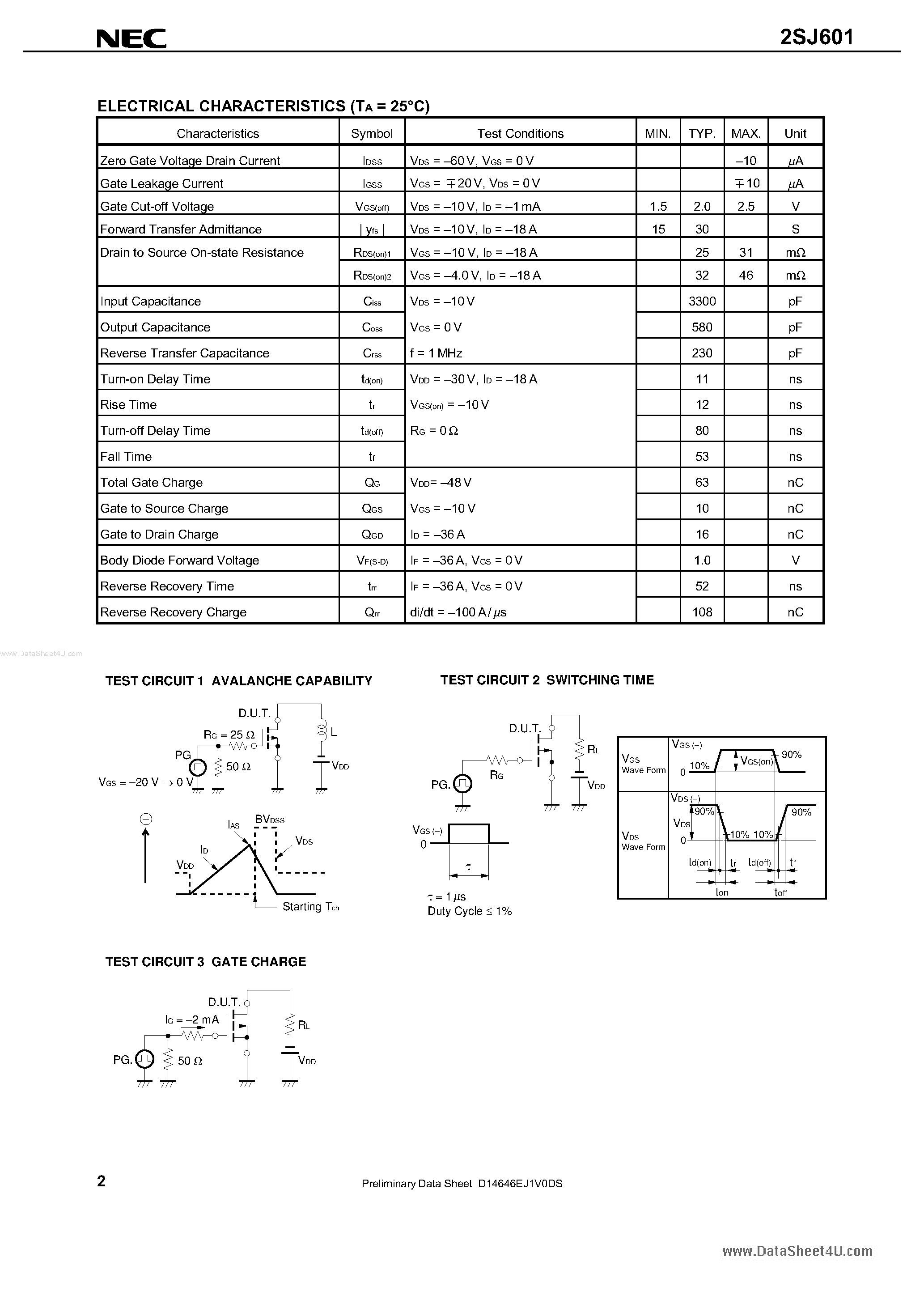 Даташит 2SJ601 - SWITCHING P-CHANNEL POWER MOS FET INDUSTRIAL USE страница 2