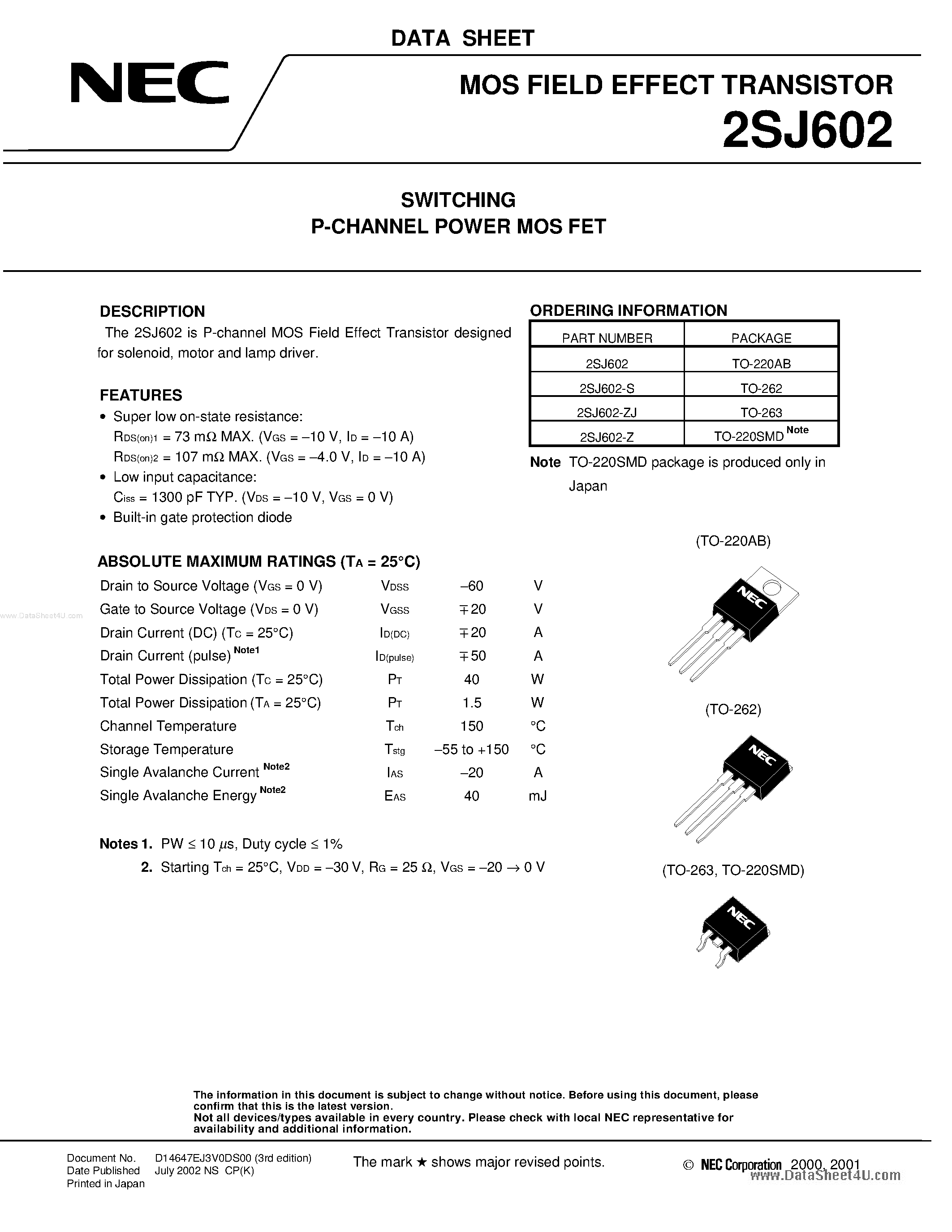 Datasheet 2SJ602 - MOS FIELD EFFECT TRANSISTOR page 1