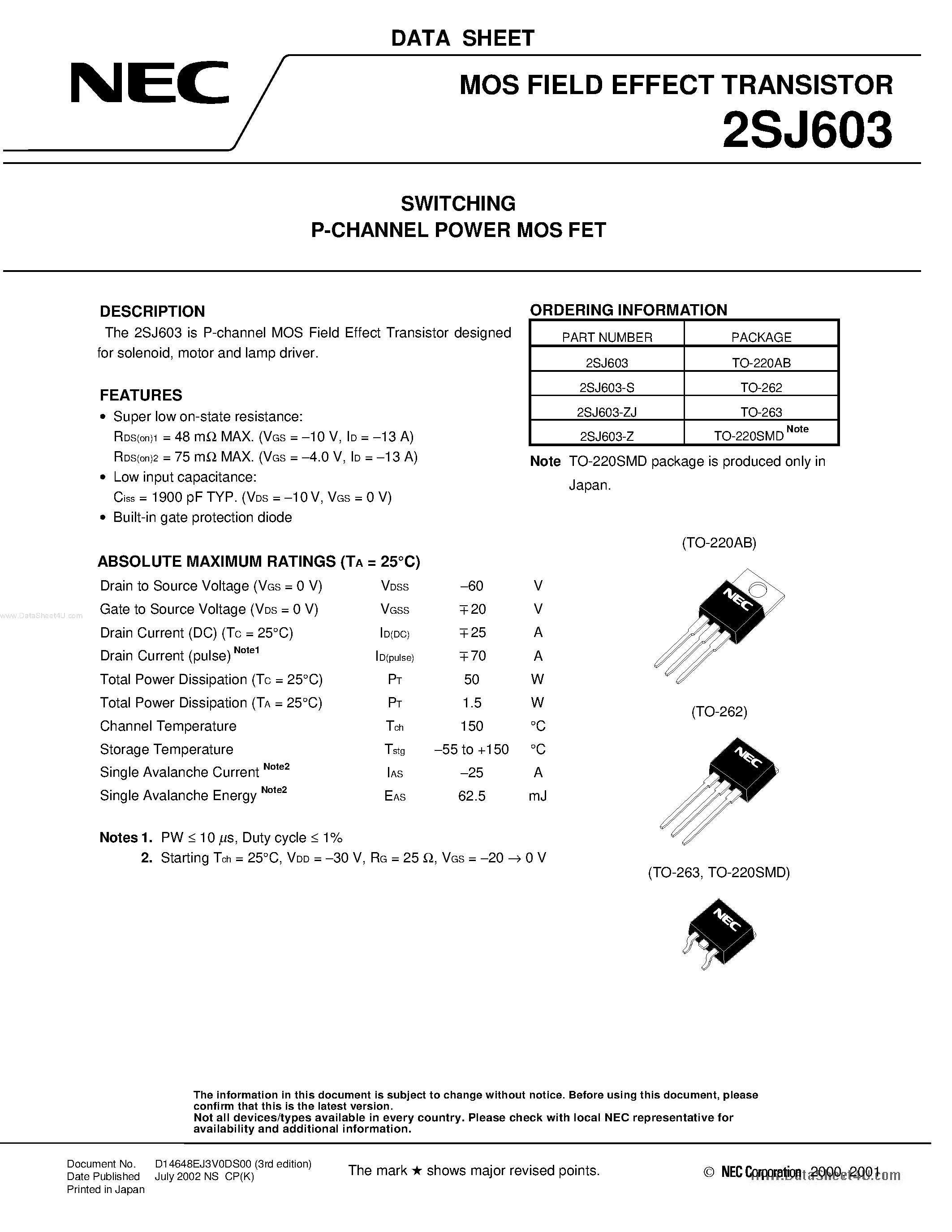 Даташит 2SJ603 - MOS FIELD EFFECT TRANSISTOR страница 1