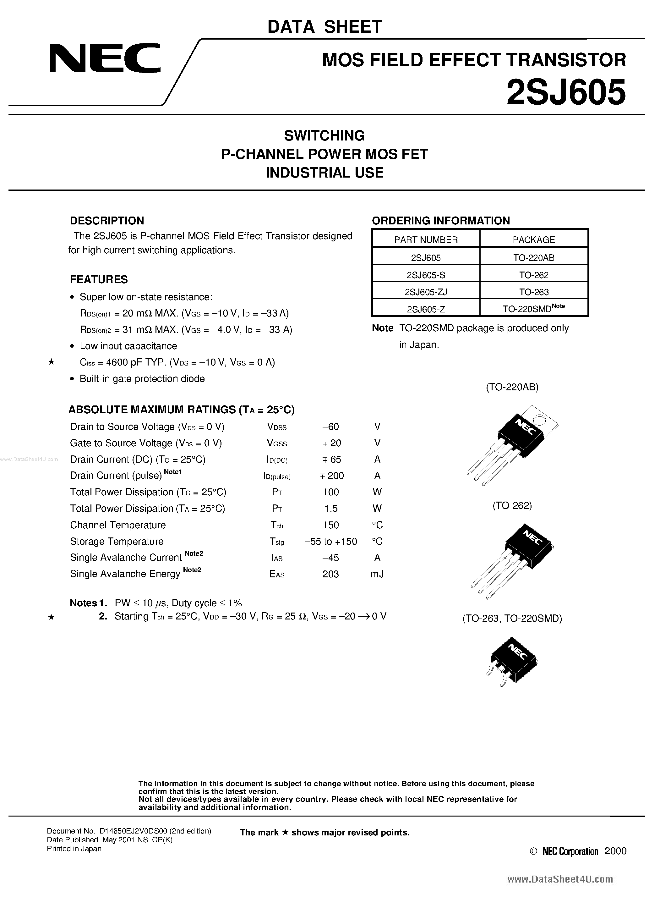 Datasheet 2SJ605 - MOS FIELD EFFECT TRANSISTOR page 1