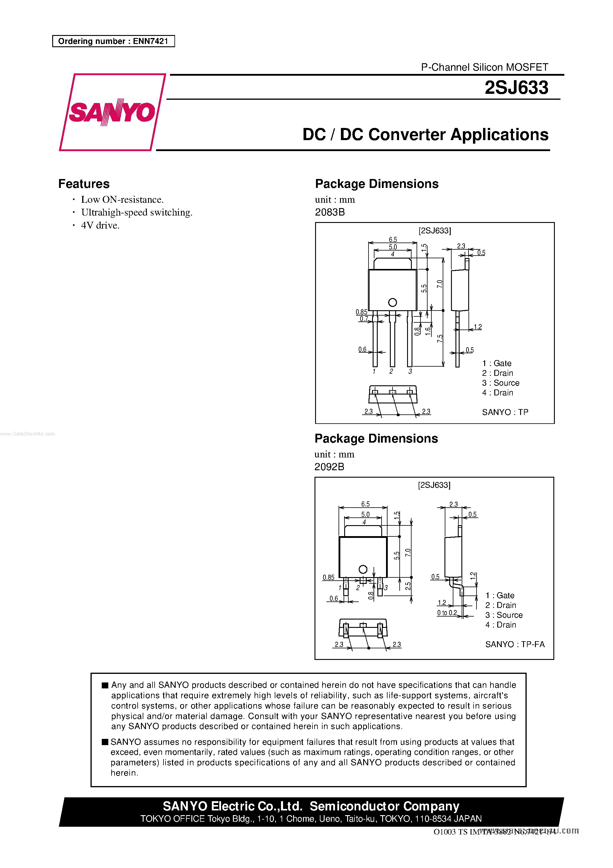 Datasheet 2SJ633 - DC/DC Converter Applications page 1