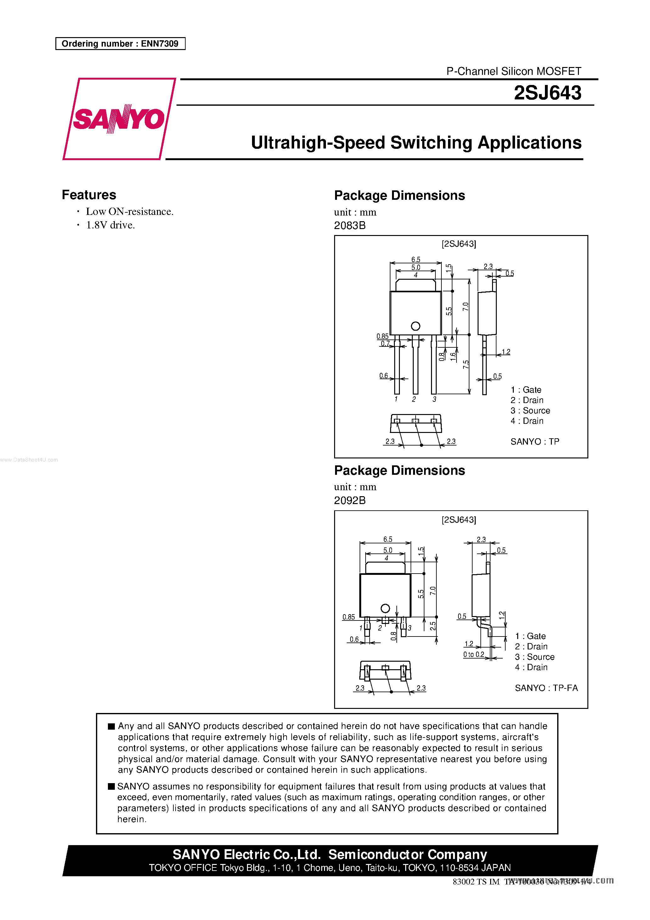 Datasheet 2SJ643 - P CHANNEL MOS SILICON TRANSISTOR page 1