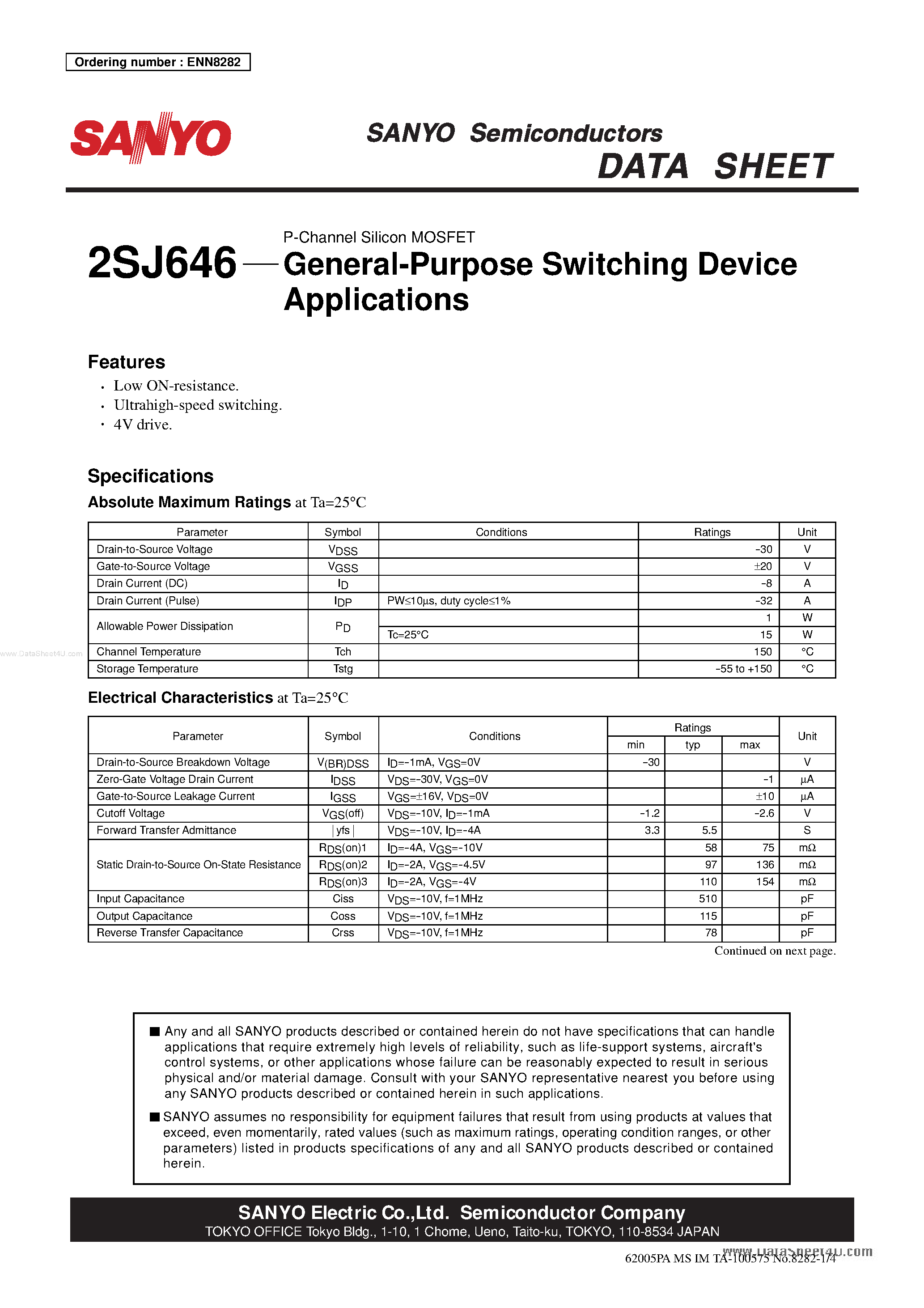 Datasheet 2SJ646 - General Purpose Switching Device Applications page 1