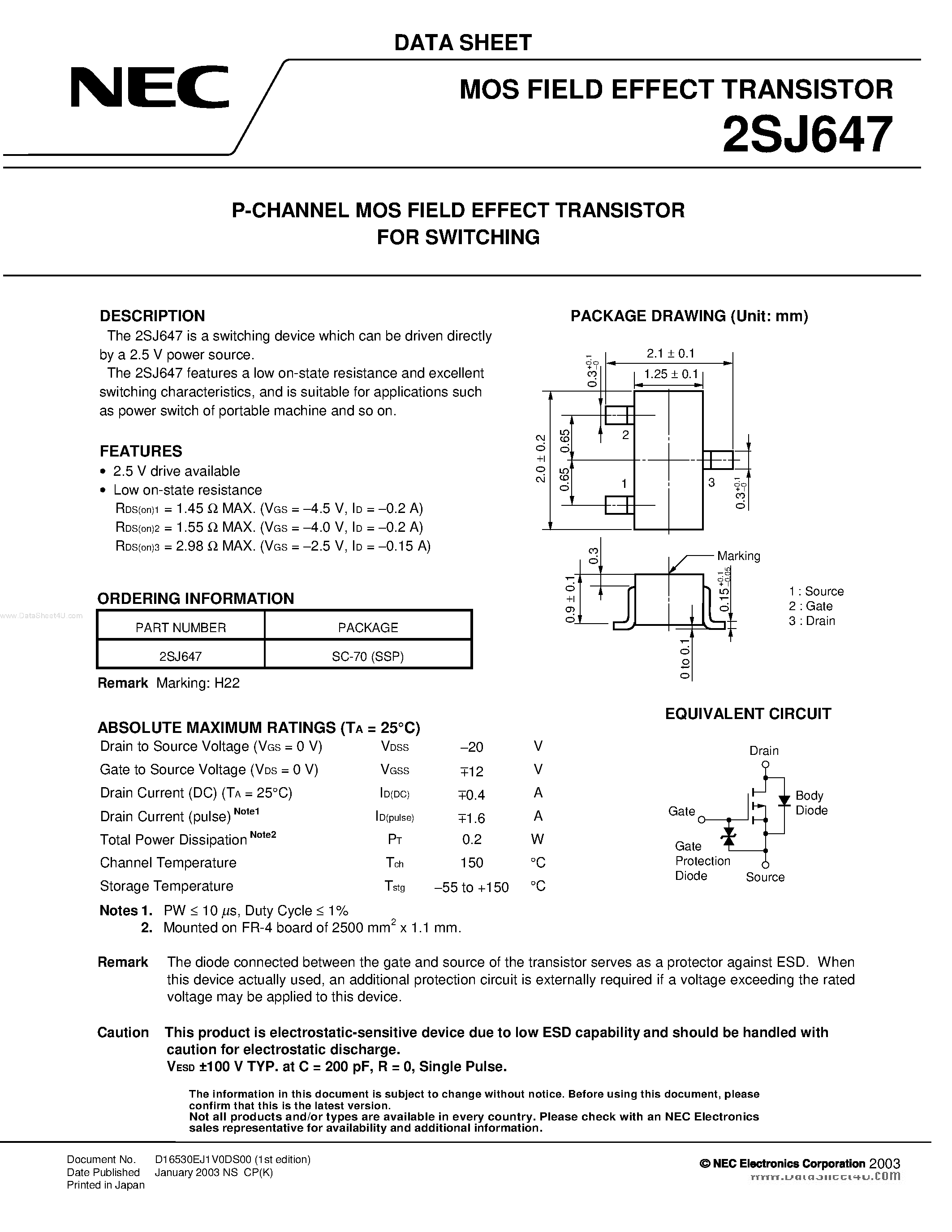 Datasheet 2SJ647 - MOS FIELD EFFECT TRANSISTOR page 1