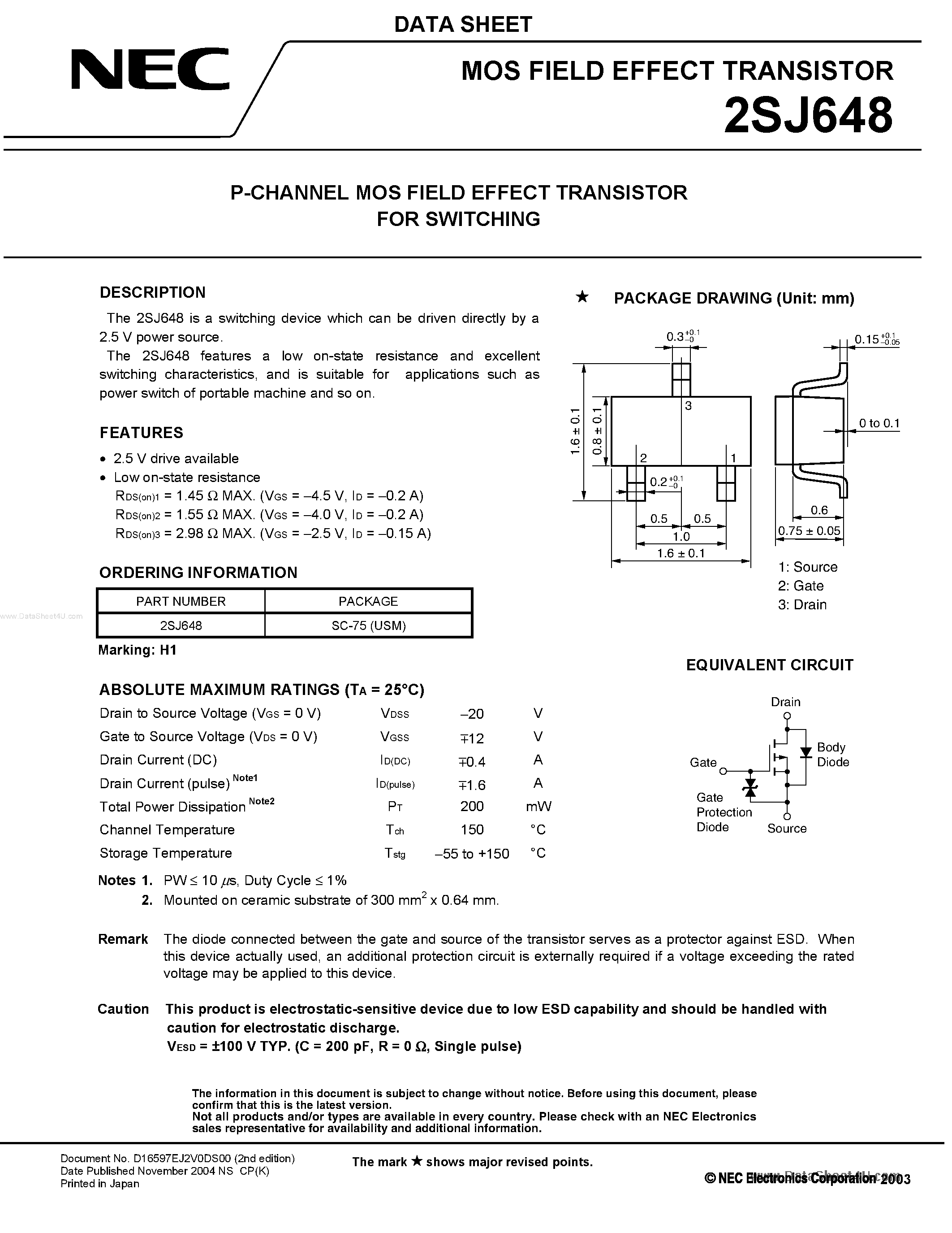 Datasheet 2SJ648 - MOS FIELD EFFECT TRANSISTOR page 1