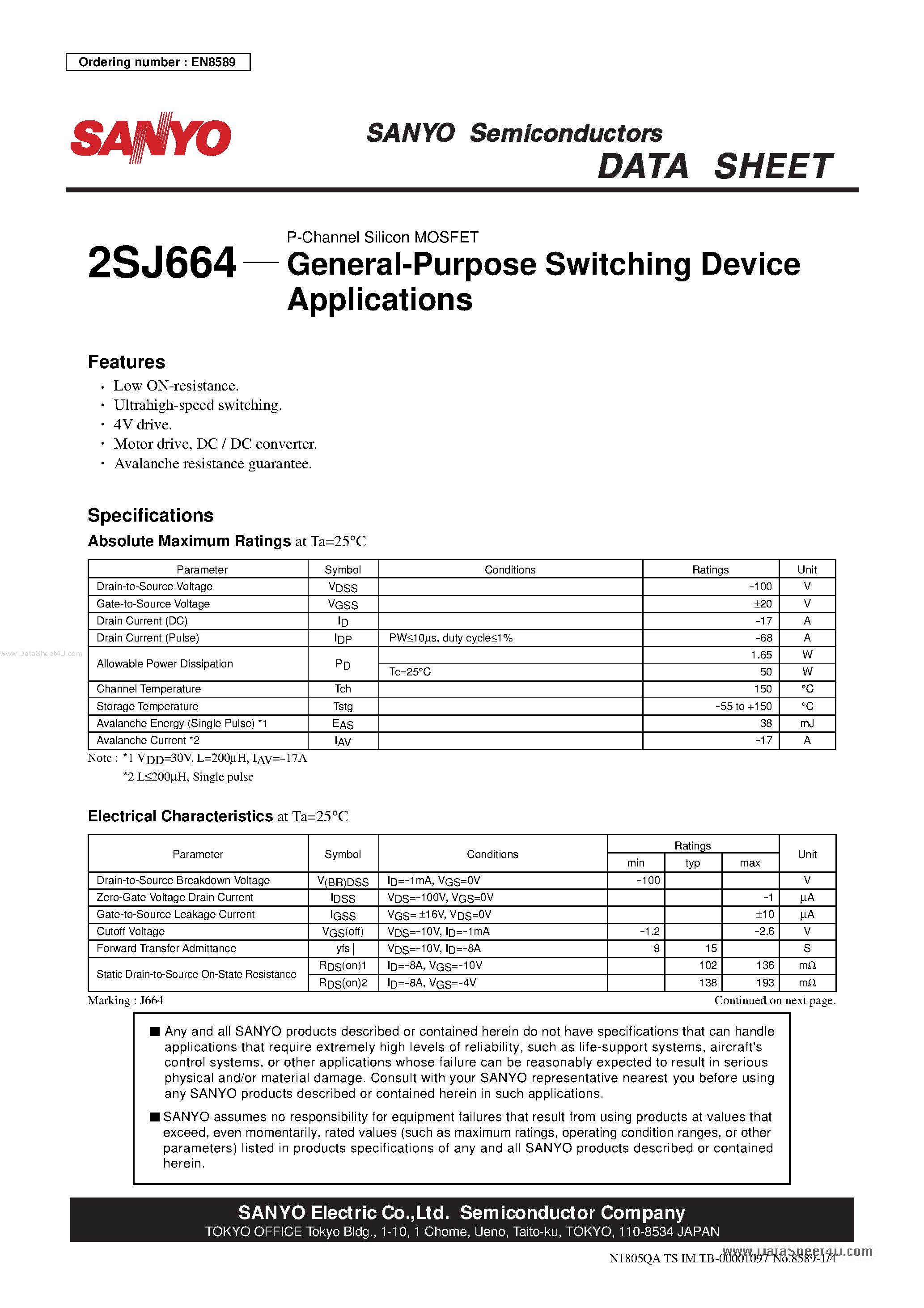 Datasheet 2SJ664 - General-Purpose Switching Device page 1