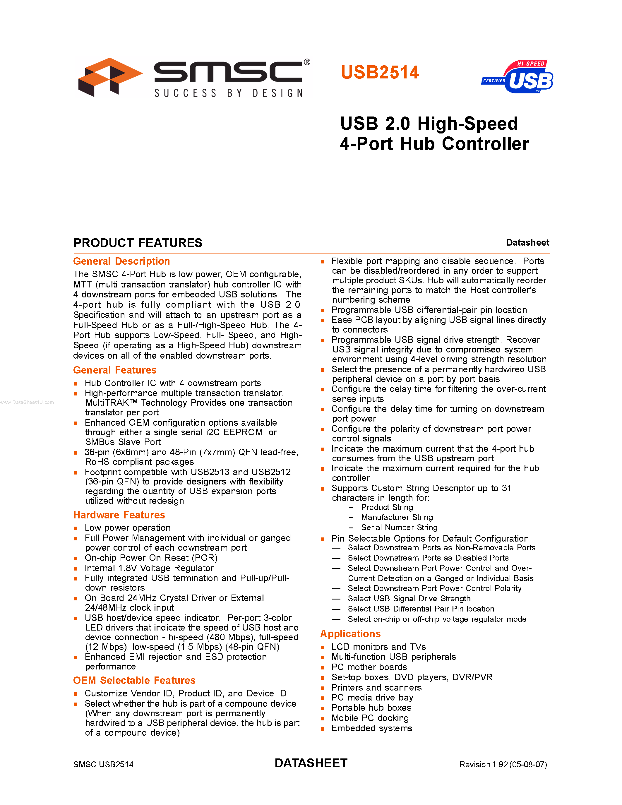 Даташит USB2514 - USB 2.0 High-Speed 4-Port Hub Controller страница 1