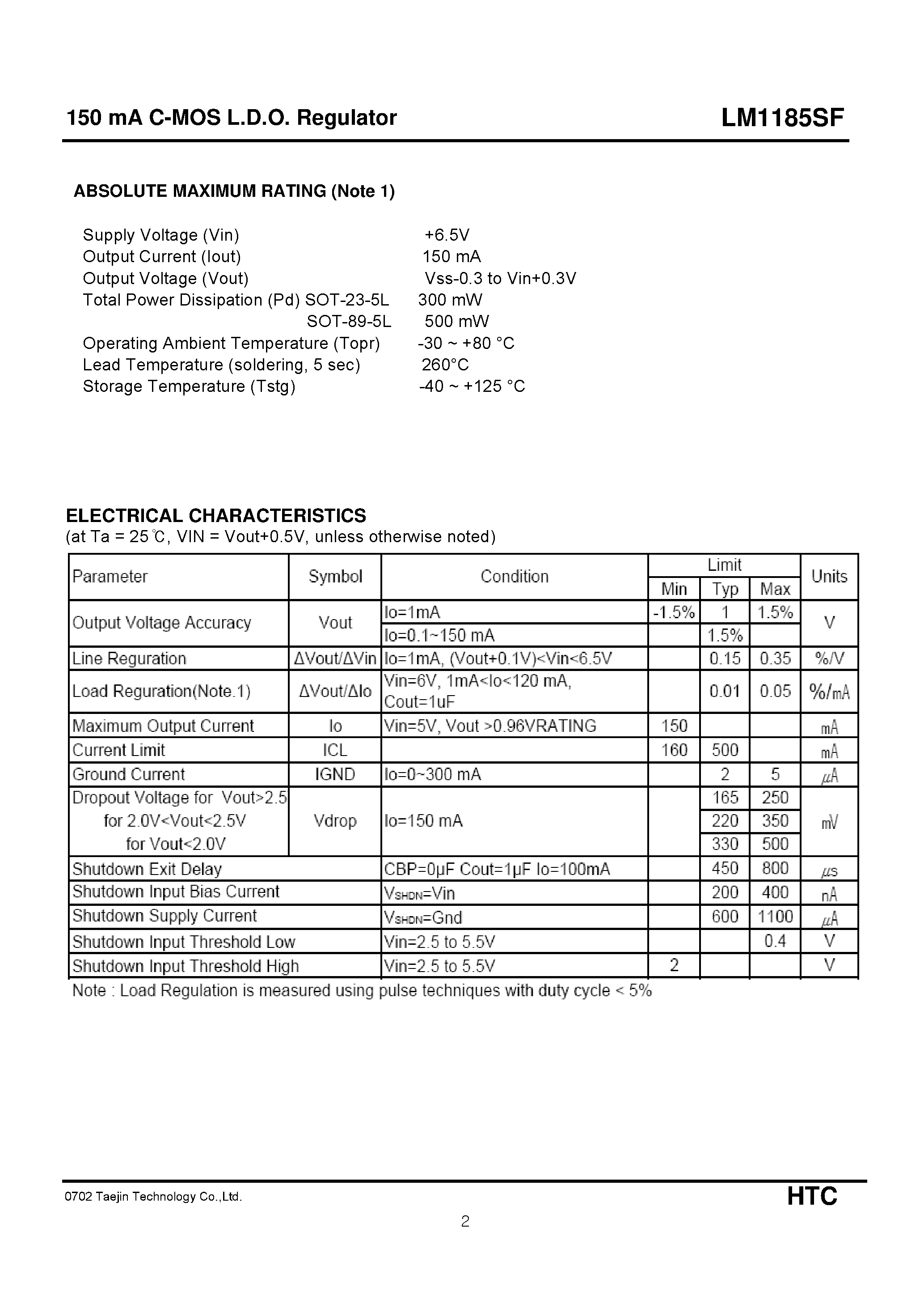 Datasheet LM1185SF - C-MOS L.D.O. Regulator page 2