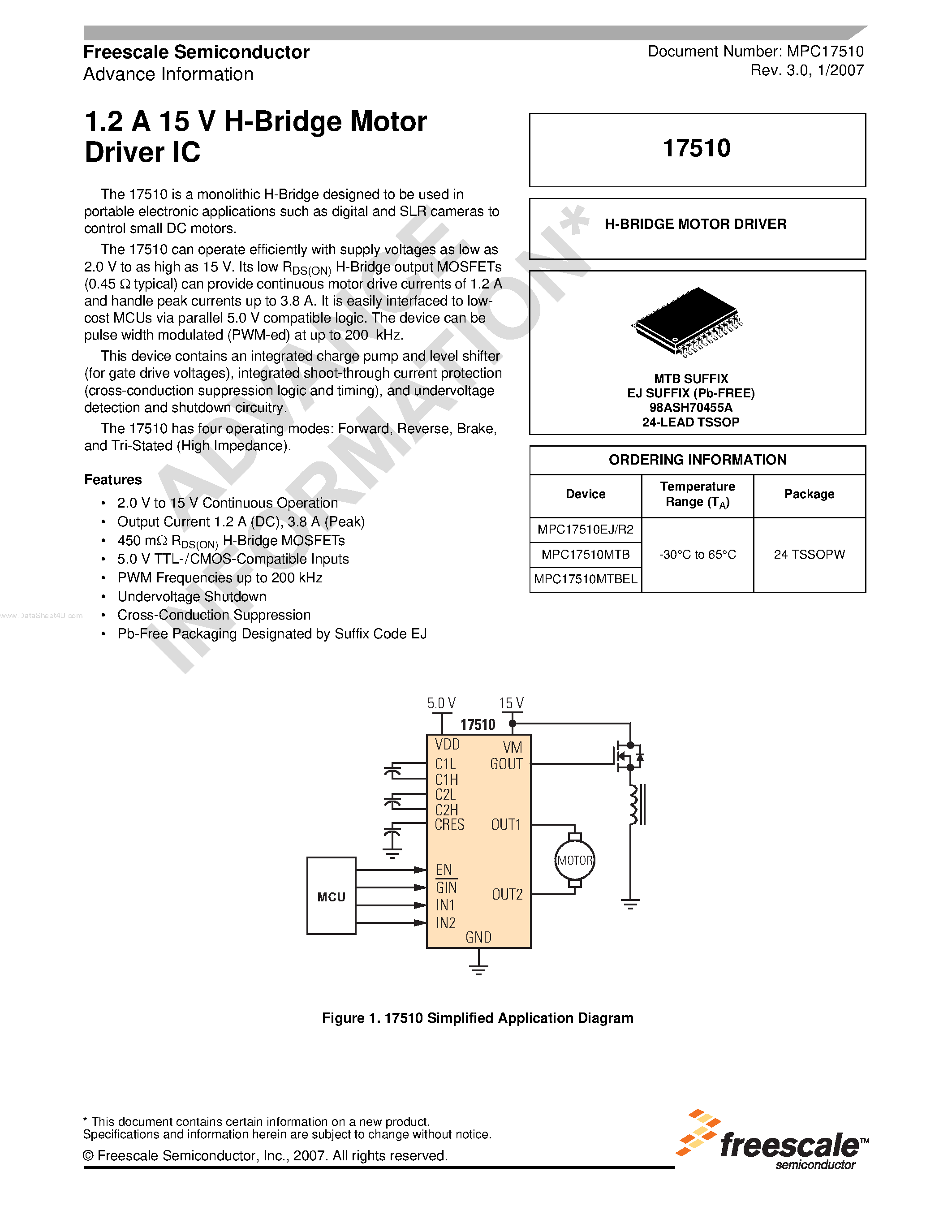 Даташит 17510 - 15 V H-Bridge Motor Driver IC страница 1