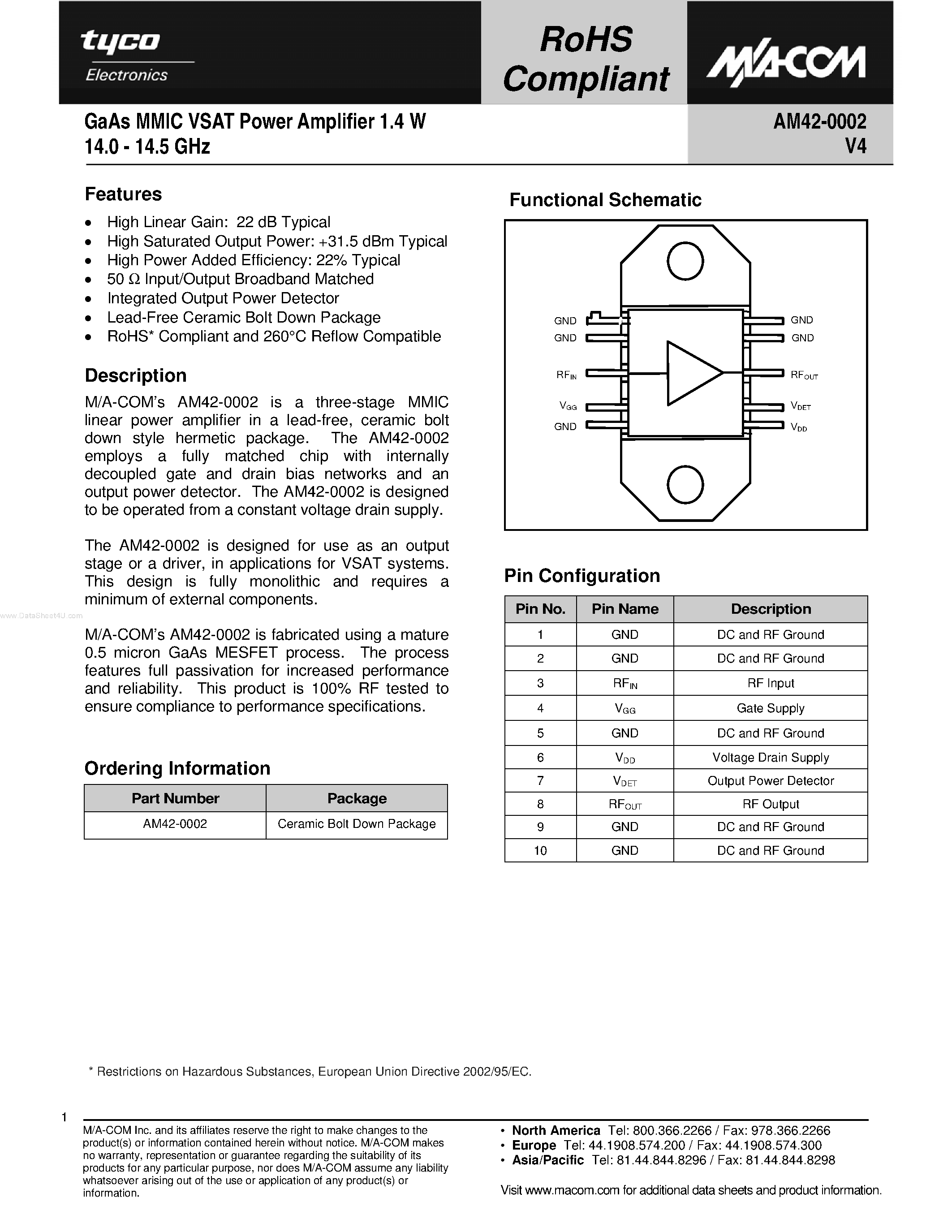 Datasheet AM42-0002 - GaAs MMIC VSAT Power Amplifier page 1