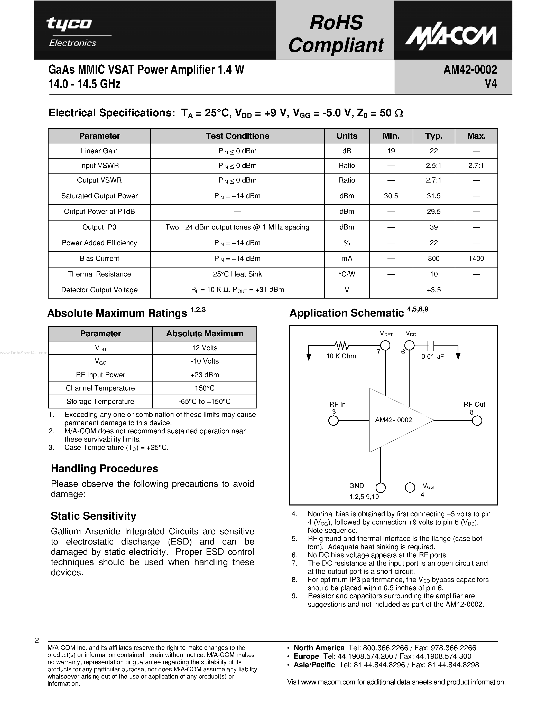 Datasheet AM42-0002 - GaAs MMIC VSAT Power Amplifier page 2